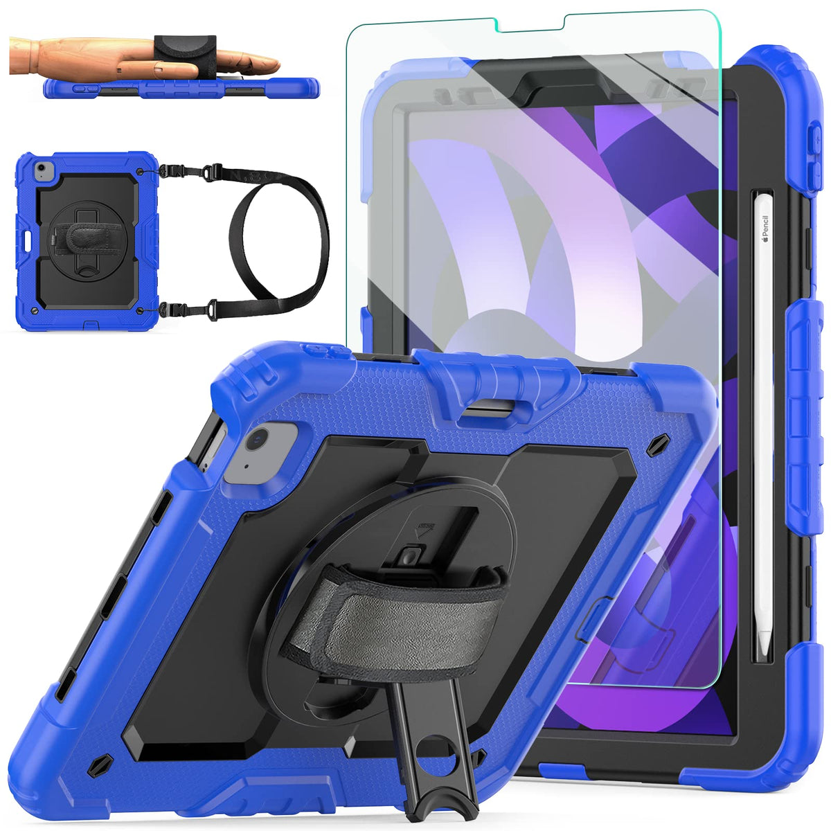 Ipad Air 5Th/4Th Generation Case 10.9'' 2022/2020, [Kids Proof] Ambison Full Body Protective Case With 9H Tempered Glass Screen Protector, 360° Rotatable Kickstand/Hand Strap, Shoulder Strap (Blue)