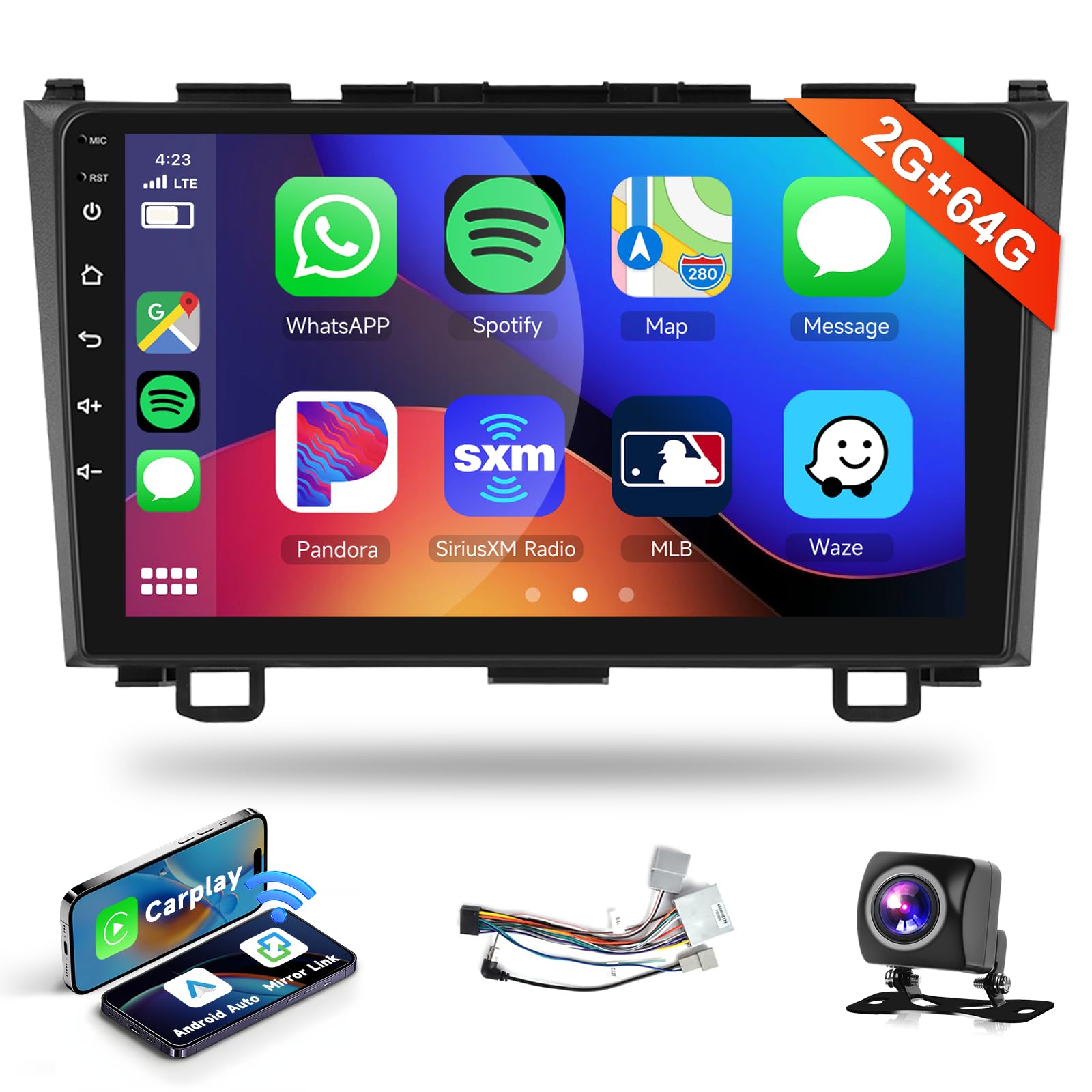 ?Hifi 16Eq? 2G+64G Radio For Honda Crv 2007 2008 2009 2010 2011 Car Stereo With Wireless Carplay Android Auto,9Inch 1080P Hd Ips Touch Screen Bluetooth Gps Wifi Rds Fm Radio Swc Ahd Backup Camera