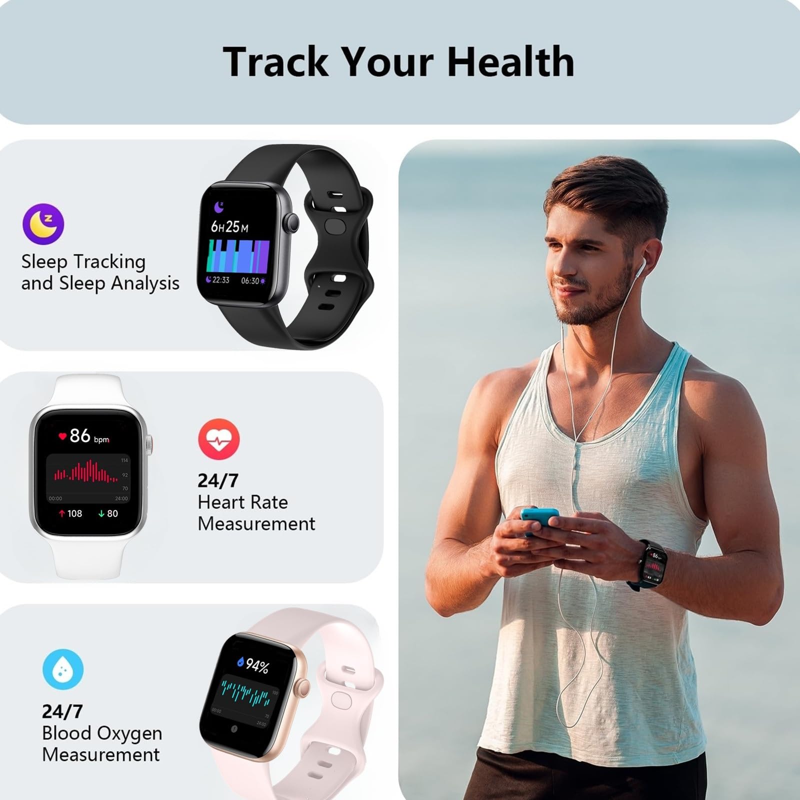 Nanphn Smart Watch For Men Women 2.09'' Smartwatch Fitness Tracker With Sport Modes, Monitor Blood Oxygen, Heart Rate, Sleep And