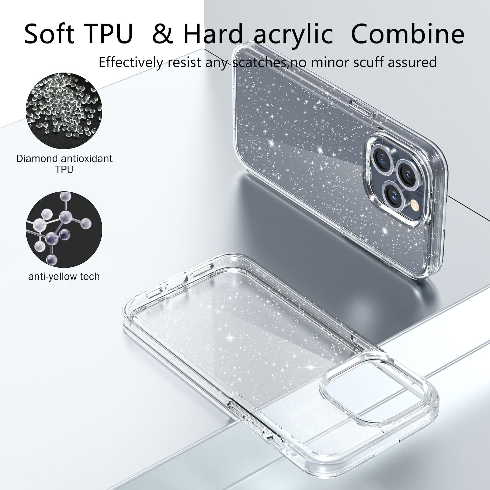 Jasmeas Design For Iphone 15 Pro Case Clear Glitter, With [2 Pack] Screen Protector & [3 Pack] Camera Lens Protector Sparkle Pc
