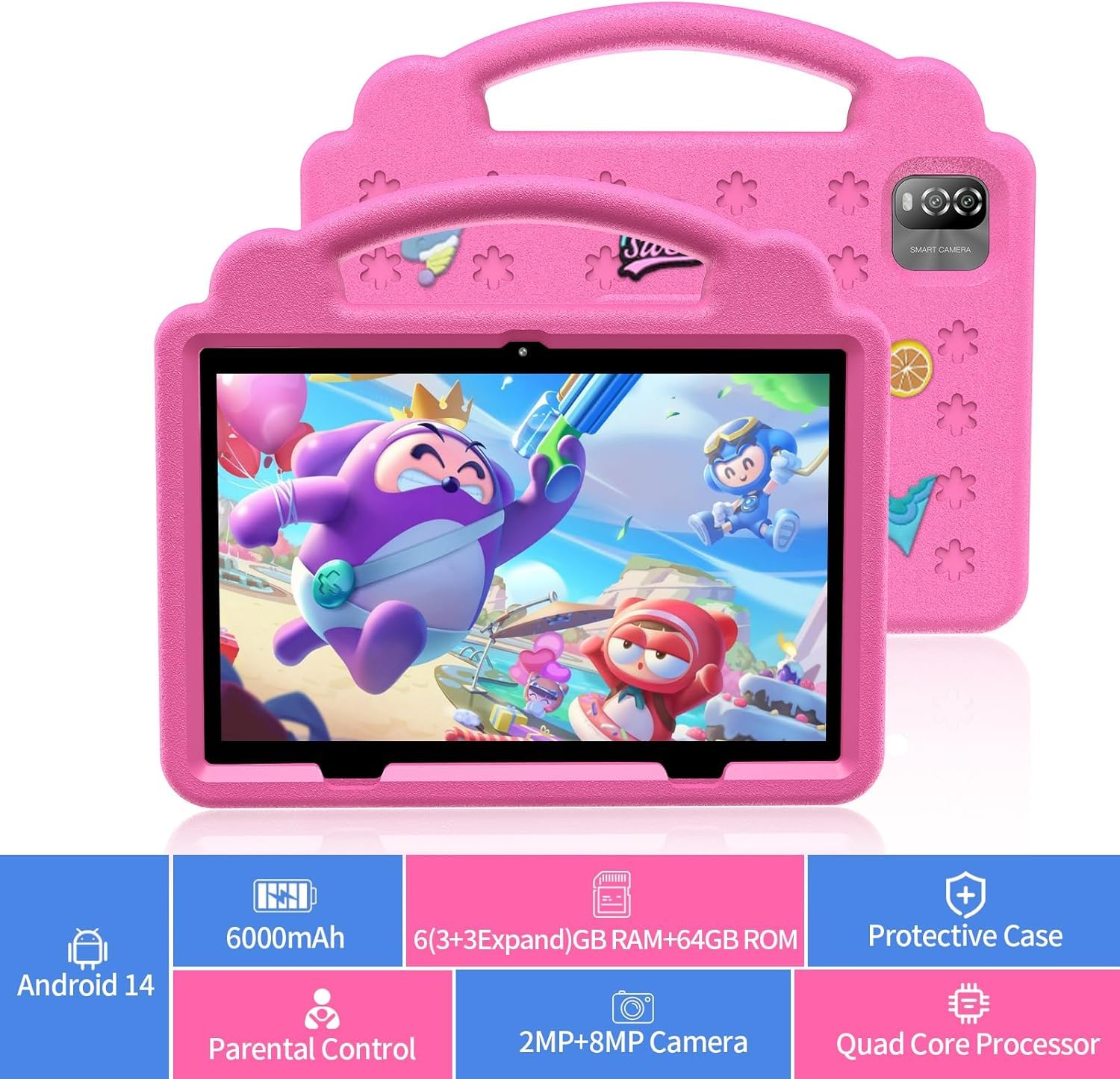 Volentex 10.1 Inch Kids Tablet, Android 15 Tablets With Case, 64Gb Pad For Age 3-12 Toddler, 6000Mah, Wifi, Bluetooth, Dual Came