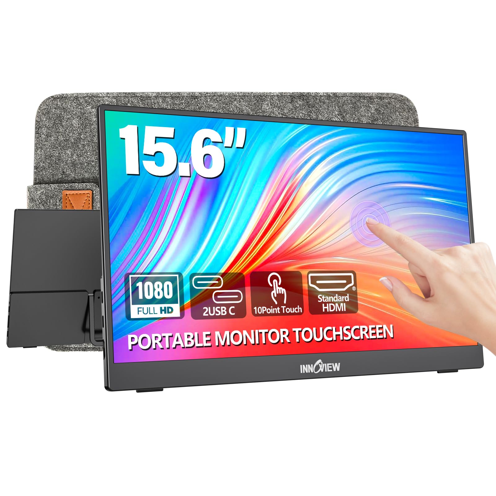 InnoView Portable Monitor Touchscreen 15.6 1080P 10-Point Touch Screen Monitor Portable with Protective Sleeve Built-in Stand, 1