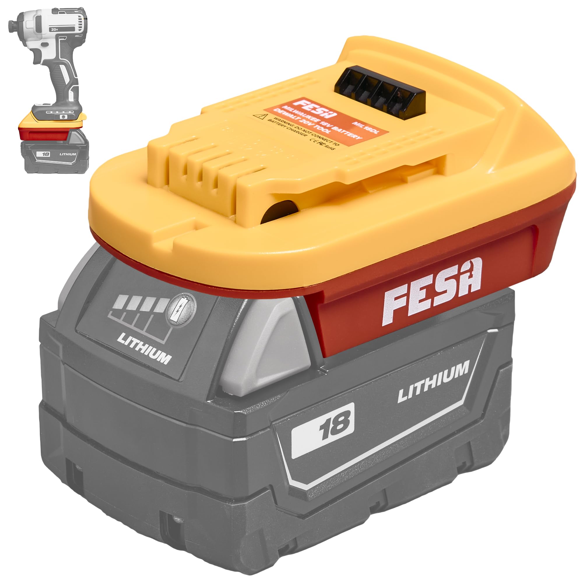 FESA Battery Adapter Compatible with 18V Milwaukee Batteries and 20V DeWalt Cordless Power Tools - Dual Color Body for Easy Iden