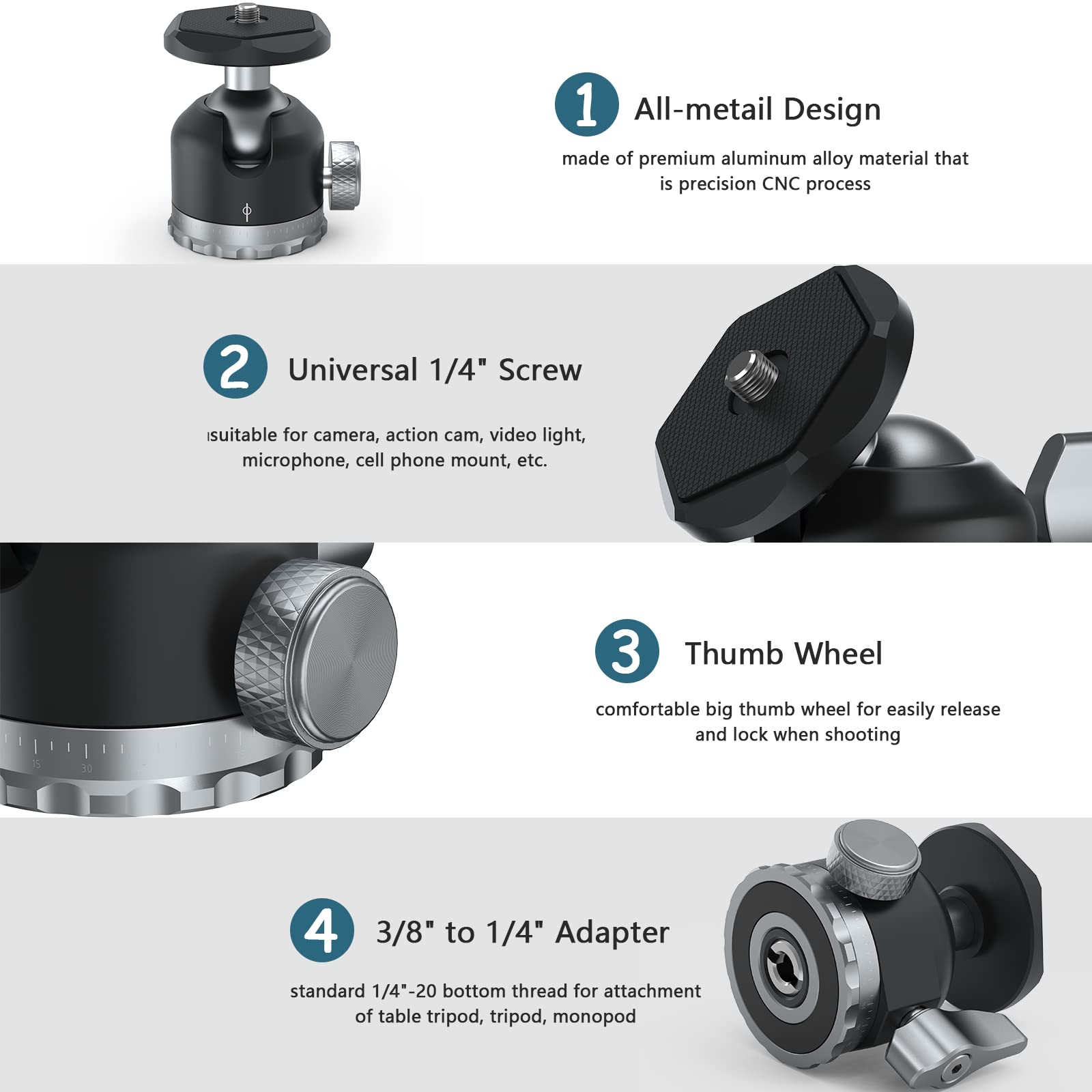 Poyinco Tripod Ball Head 360 Degree Rotating Panoramic Ballhead With 1/4 Inch Screw 3/8' Thread Mount, Max Load Up To 5 Kg/ 11Lb,For Monopod, Dslr, Phone, Gopro
