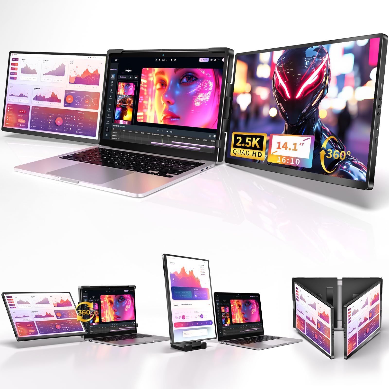 Fzaqwen Triple Screen Laptop Monitor Extender   2.5K Qhd Ips Triple Portable Monitor For Laptop 13.3 17 Inch, Plug Play And Comp