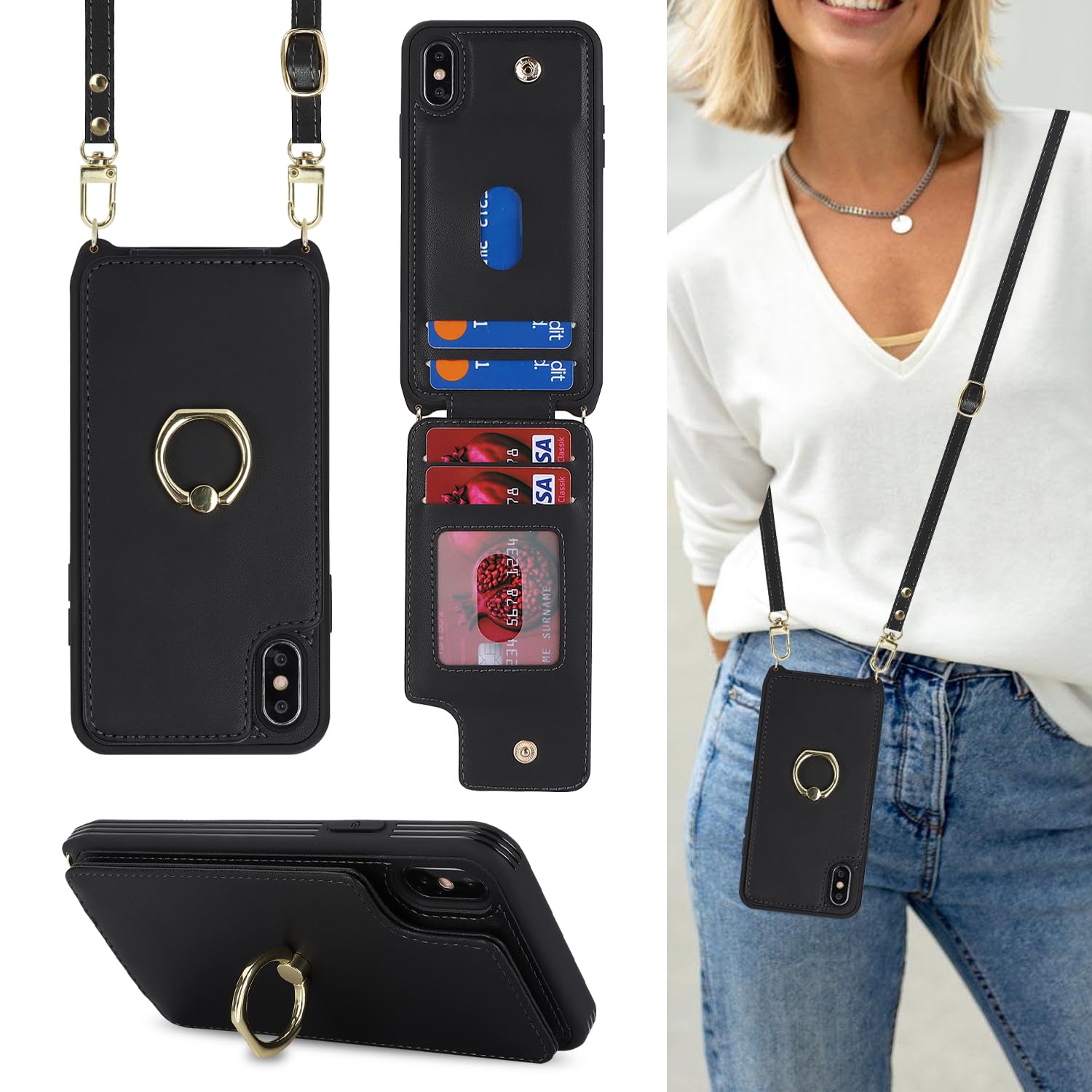 Lipvina for iPhone Xs Max Case with Card Holder and Strap for Women,Crossbody Lanyard,Kickstand Ring Stand,Snap Clasp,Phone Wall