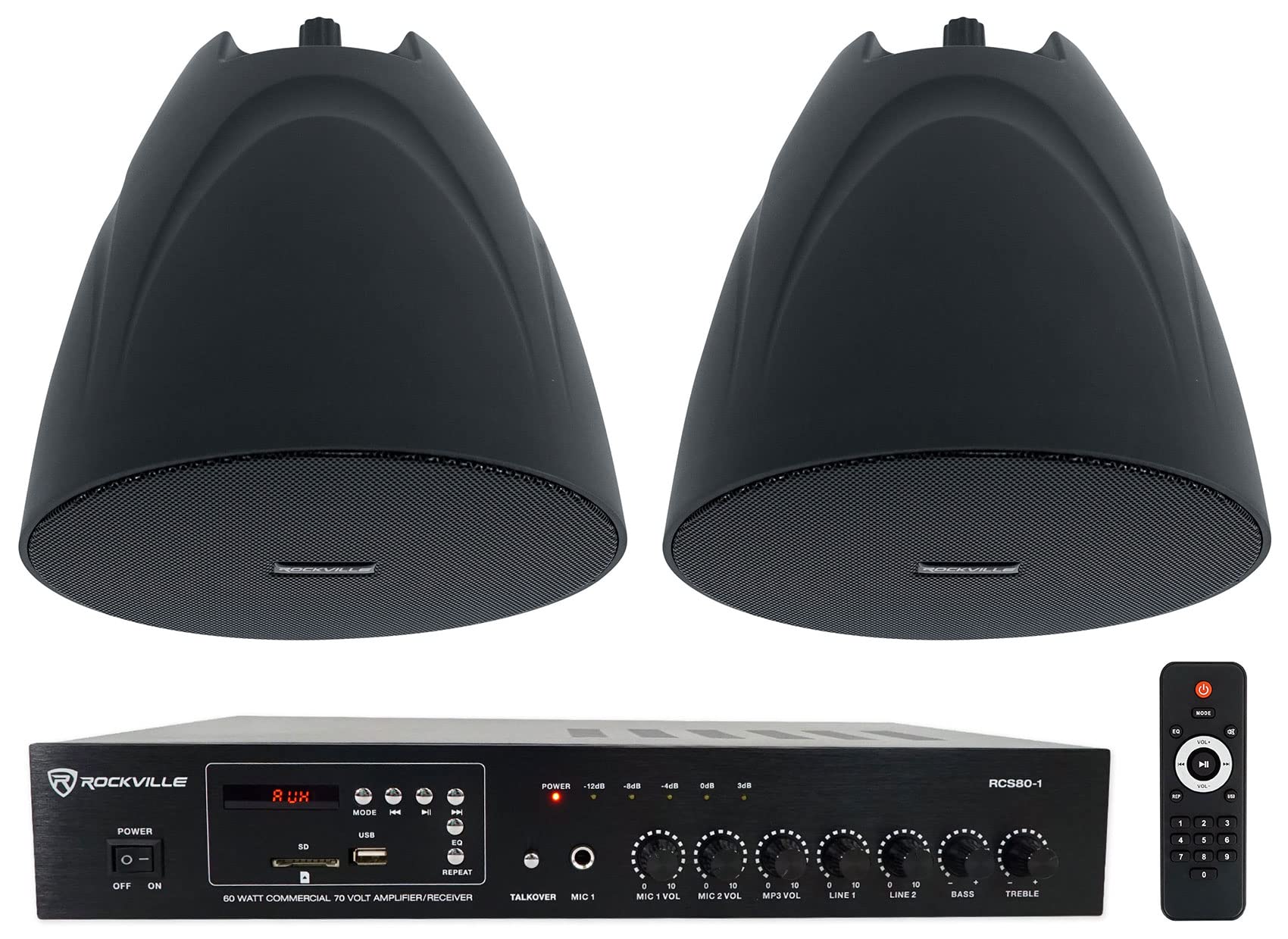 Rockville RCS80-1 Bundle: 60-Watt 70V Commercial Amplifier/Bluetooth Receiver, (2) PEN-525T Black 5.25 70V Hanging Pendant Speak
