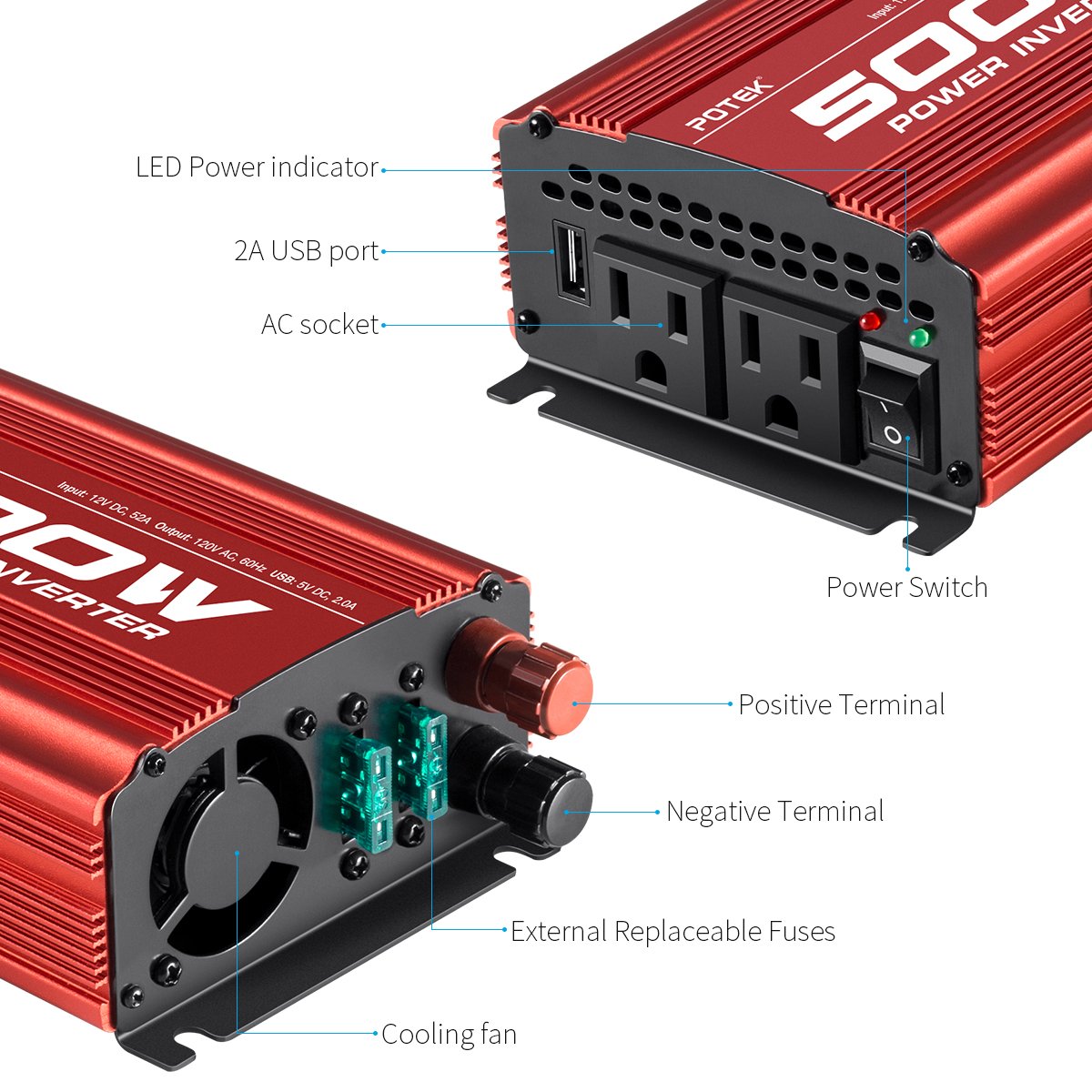 POTEK 500W Power Inverter with 2 AC Outlets & USB Port – Electroeshop
