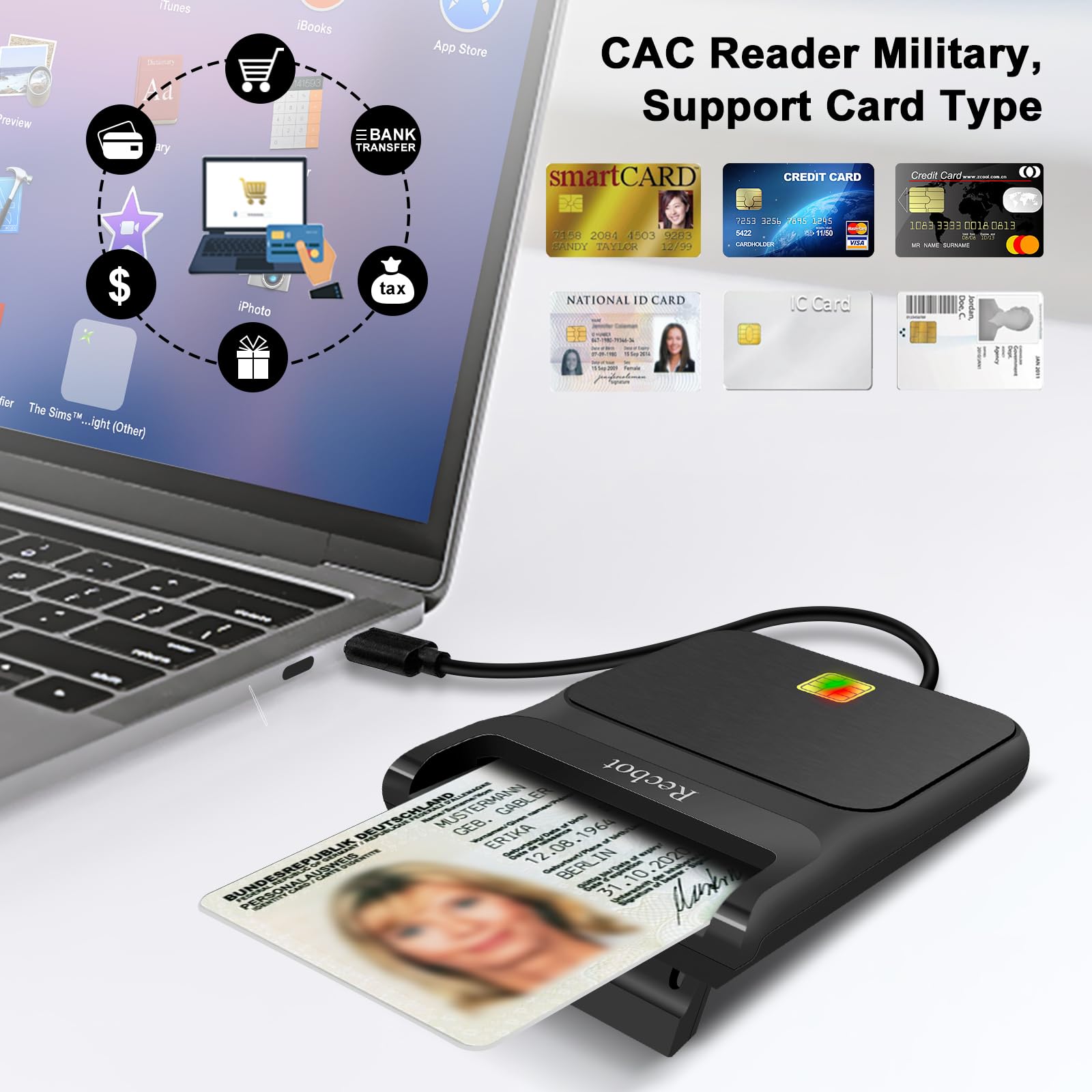 Recbot Cac Reader Military, Cac Reader Usb C, Dod Military Usb C Common Access Cac Card Reader Military, Compatible With Windows