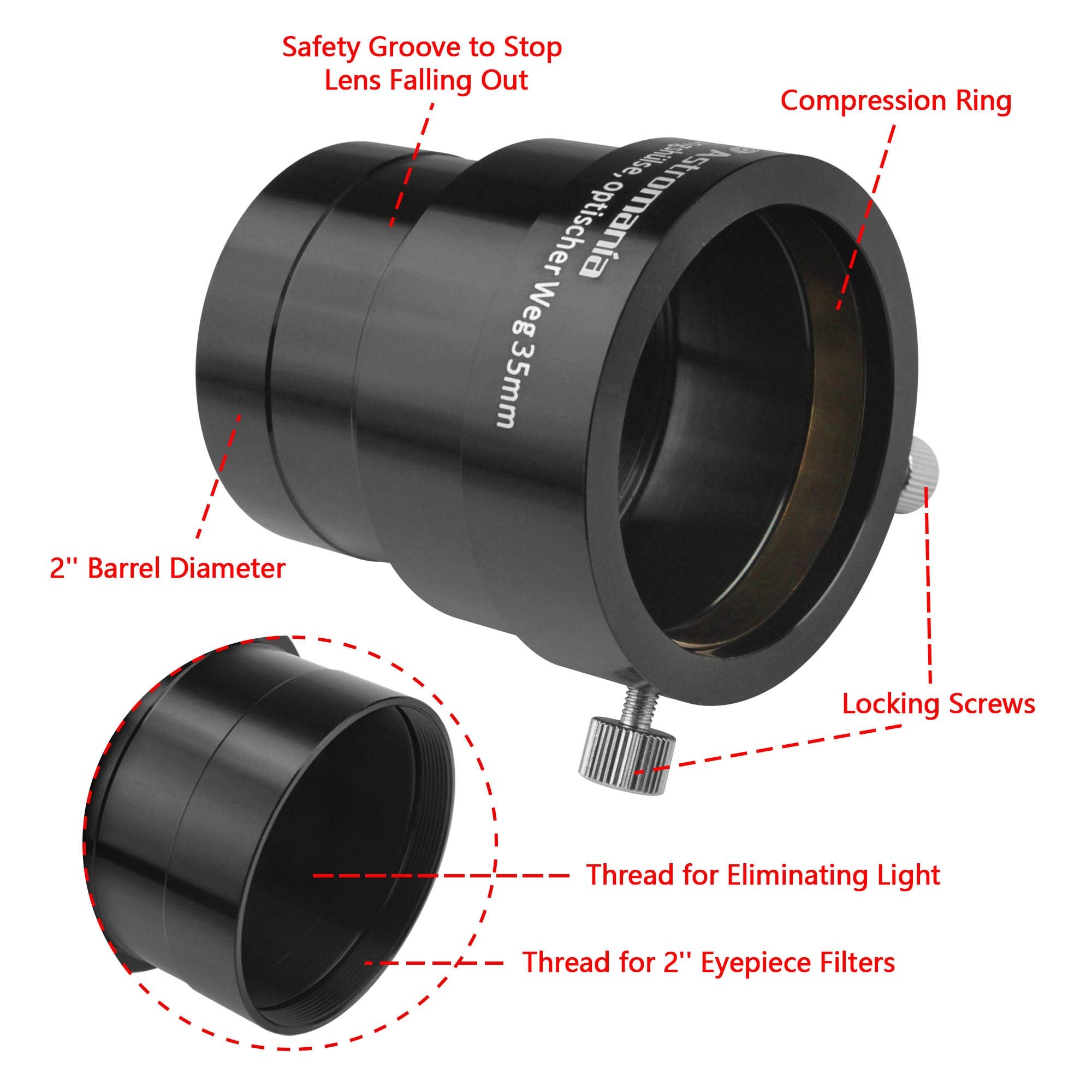 Astromania 2 Inch Telescope Eyepiece Extension Tube Adapter   Optical Length 35Mm   With Standand 2 Inch Filter Threads
