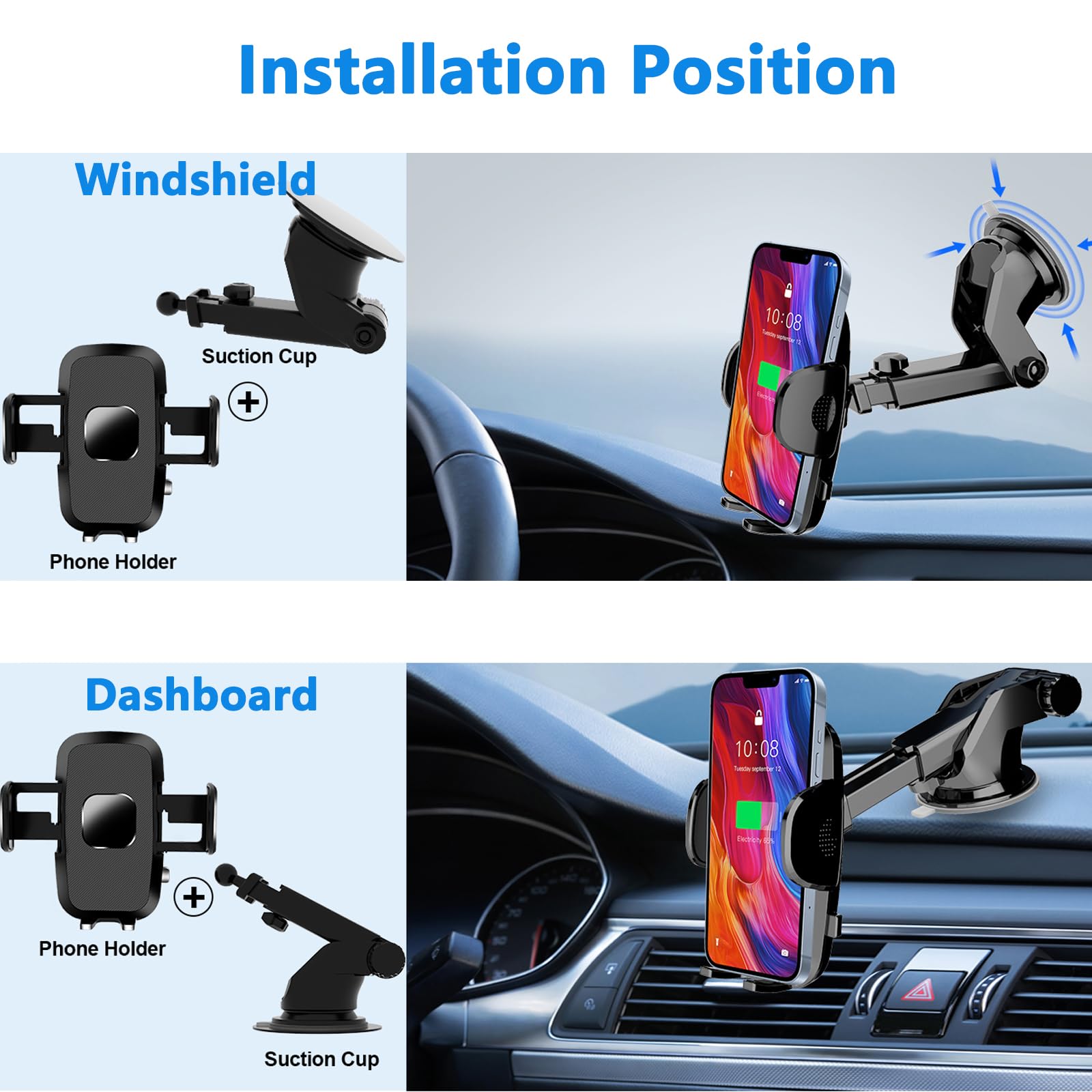 Tapmei Car Phone Holder [Military-Grade Suction Cup] Phone Mount For Car Windshield Dashboard Compatible With Iphone 16 Pro Max