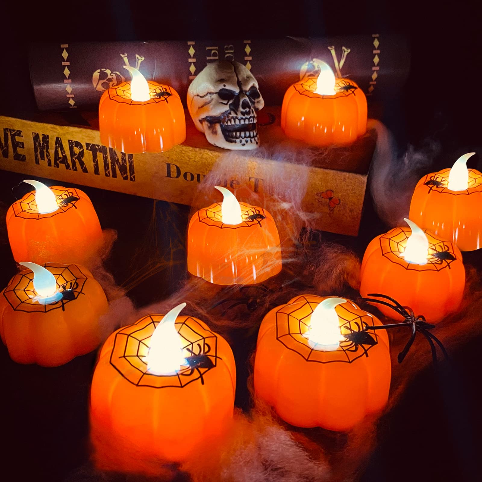 Turnmeon 12 Pack Halloween Pumpkin Tealights Candles With Spider Web Decor, Led Pumpkin Lights, Flame Less Candle Battery Operat