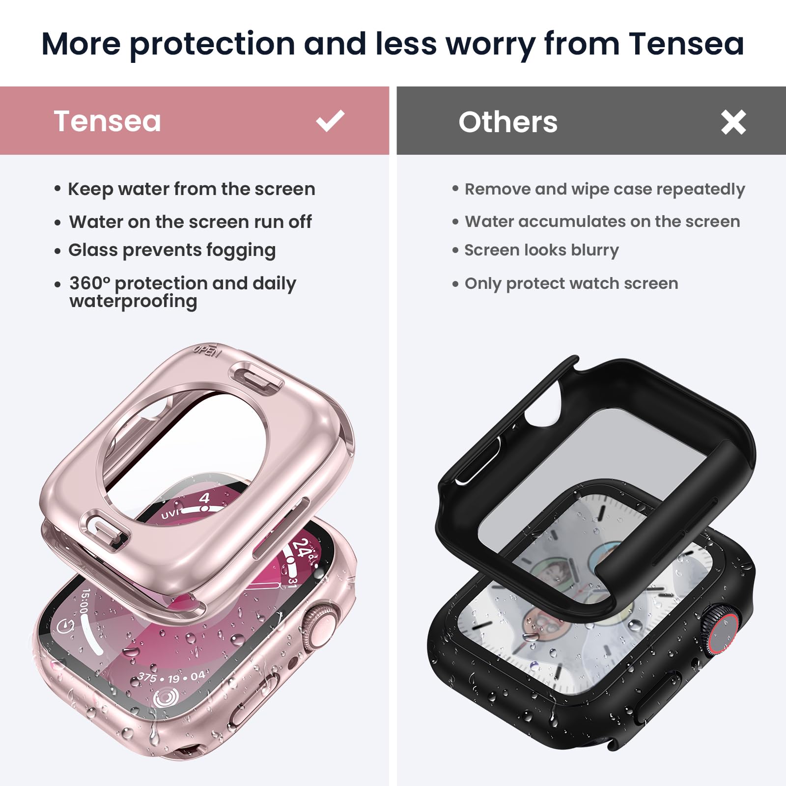 Tensea (2 In 1) For Waterproof Apple Watch Screen Protector Case Series 9 8 7 45Mm Accessories, Iwatch Protective Pc Face Cover