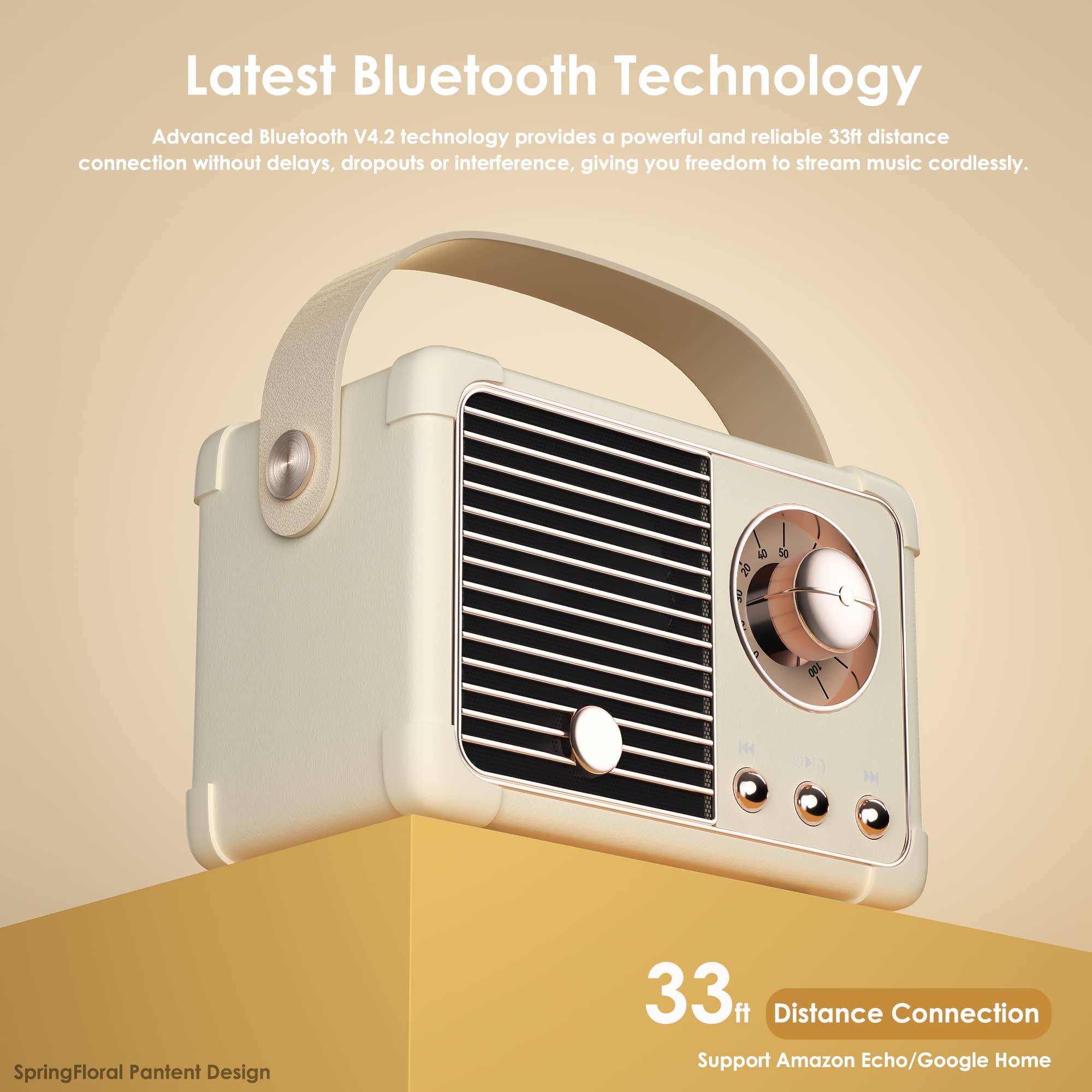 Springflora Retro Bluetooth Speaker,Wireless Vintage Small Speaker With Stereo Sound,Hands Free Call,400Ma Battery,Tf Card, Aux