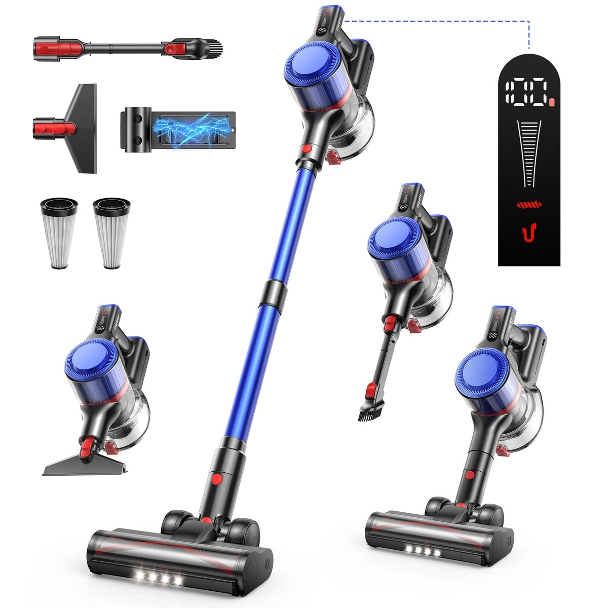 Fieety Cordless Vacuum Cleaner 40Kpa, 450W Stick Vacuum Cleaner, Up To 55 Mins Runtime, Self-Standing Vacuum Cleaner With Wall M