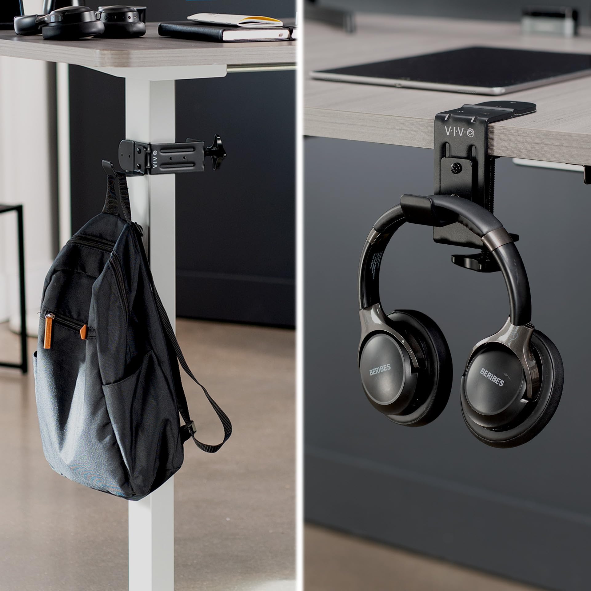 Vivo Steel Clamp On Hook For Desktop And Desk Leg Mounting, Clip Holder For Office Accessories, Bags, Headphones, And More, Blac