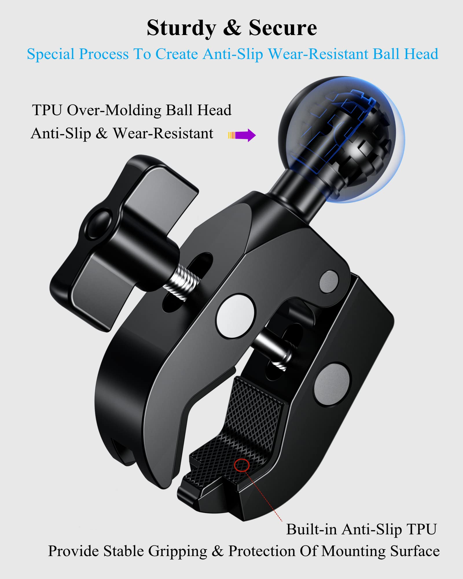 Brcovan Aluminum Alloy Handlebar Clamp Mount Base With 1'' Tpu Ball For Rails 0.5'' To 2'' In Diameter, Compatible With Ram Moun