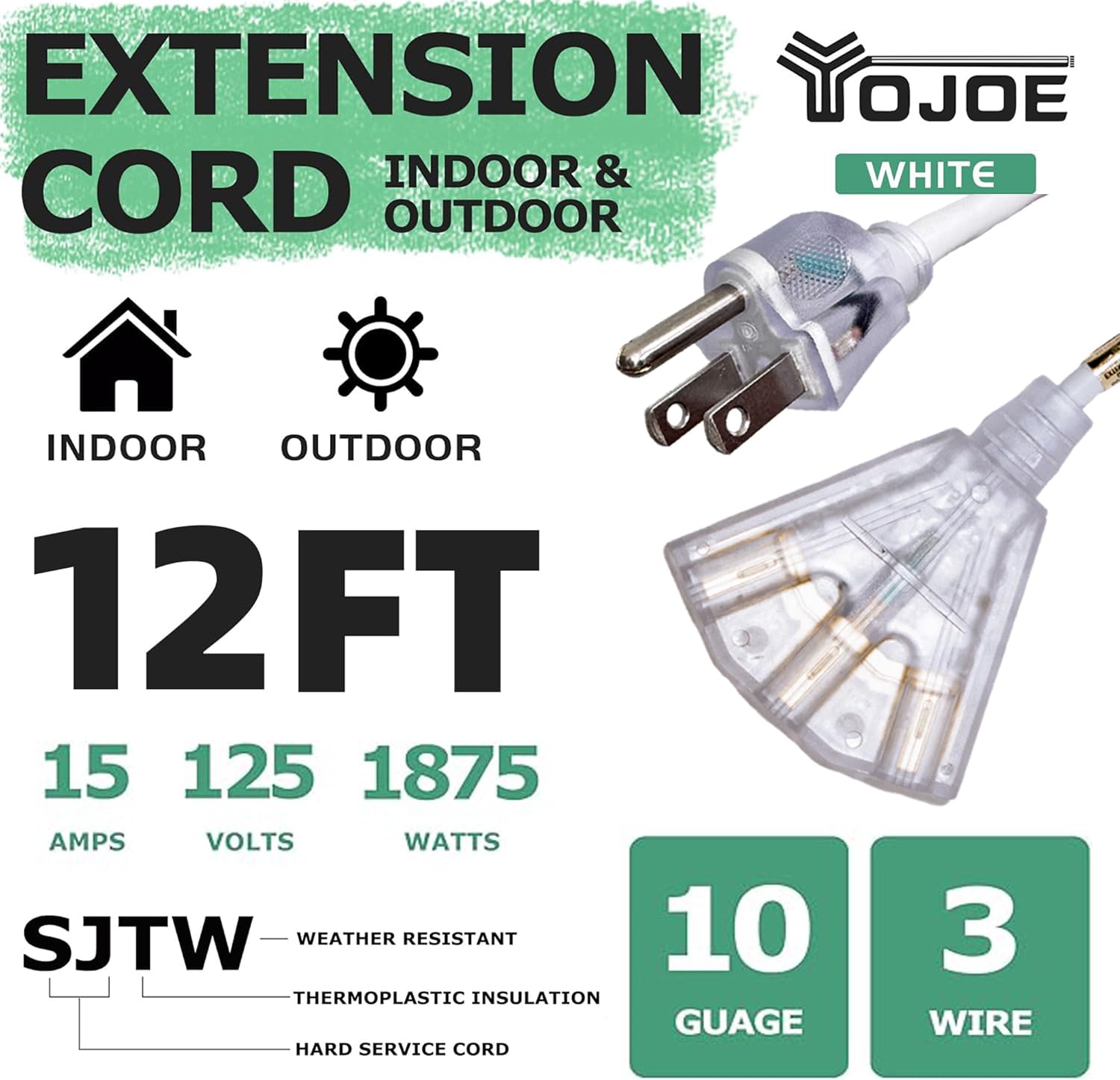 Yojoe 12Ft White 3 Outlet Indoor/Outdoor Extension Cord With Lighted End, 10 Gauge Sjtw Heavy Duty, 15A, 1875W, Ul Listed
