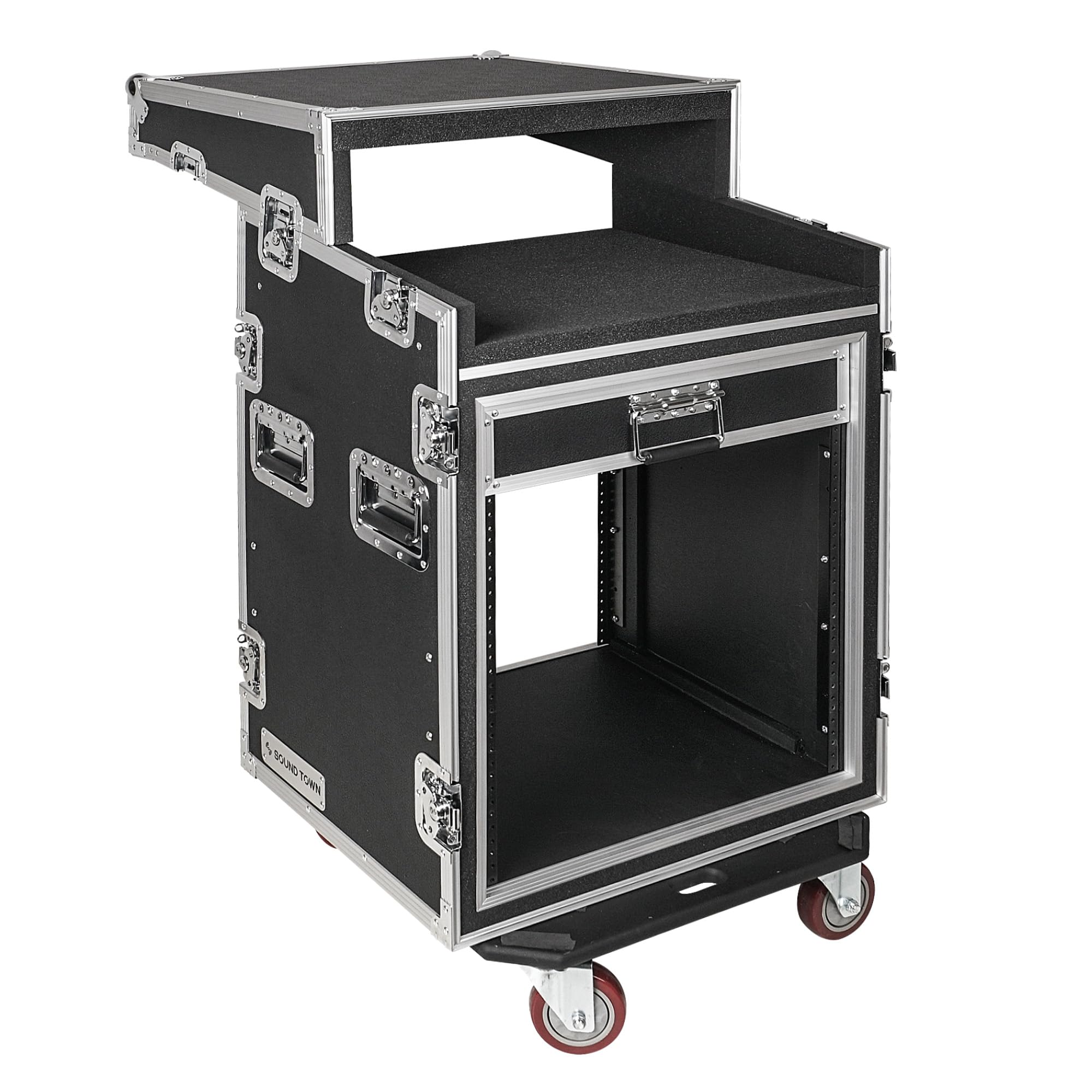 Sound Town Shock Mount 12U Ata Rack Case With 20    Rackable Depth, 11U Slant Mixer Top And Casters, 12 Space Size   Pro Tour Gr