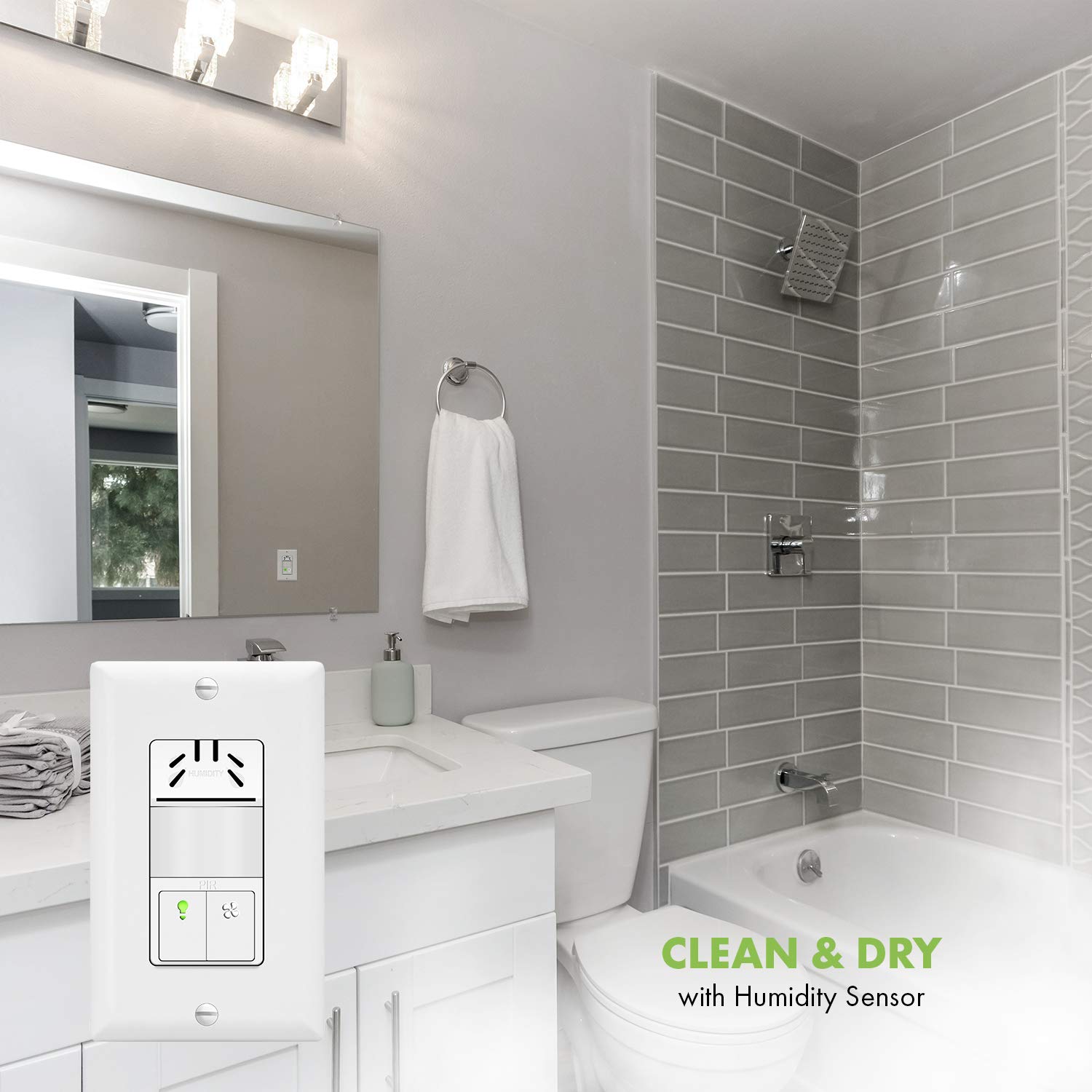 Topgreener Dual Tech Humidity Sensor Switch, Infrared Pir Motion & Air Moisture Detection, Bathroom Fan & Light Control, Adjusta