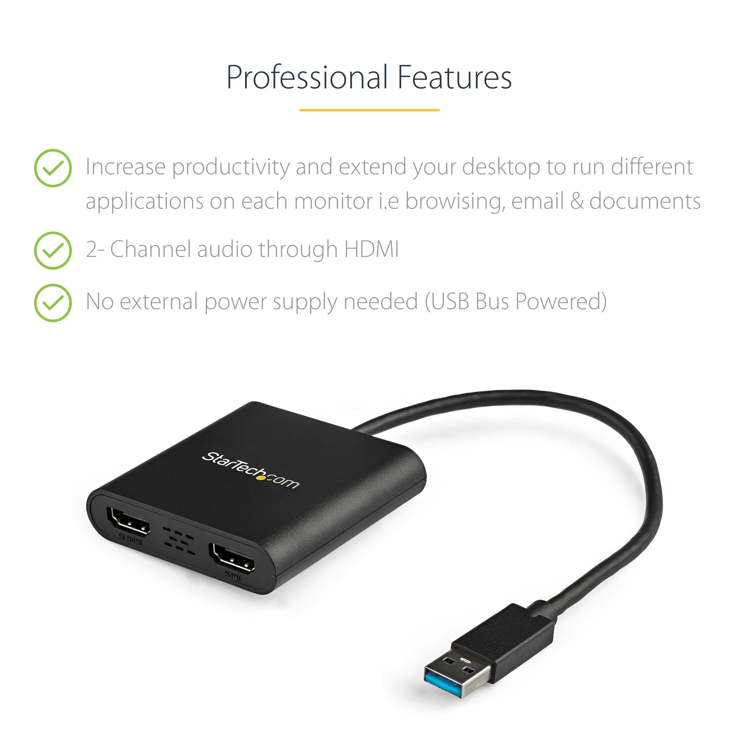 Startech.Com Usb 3.0 To Dual Hdmi Adapter   1X 4K 30Hz & 1X 1080P   External Video & Graphics Card   Usb Type A To Hdmi Dual Mon