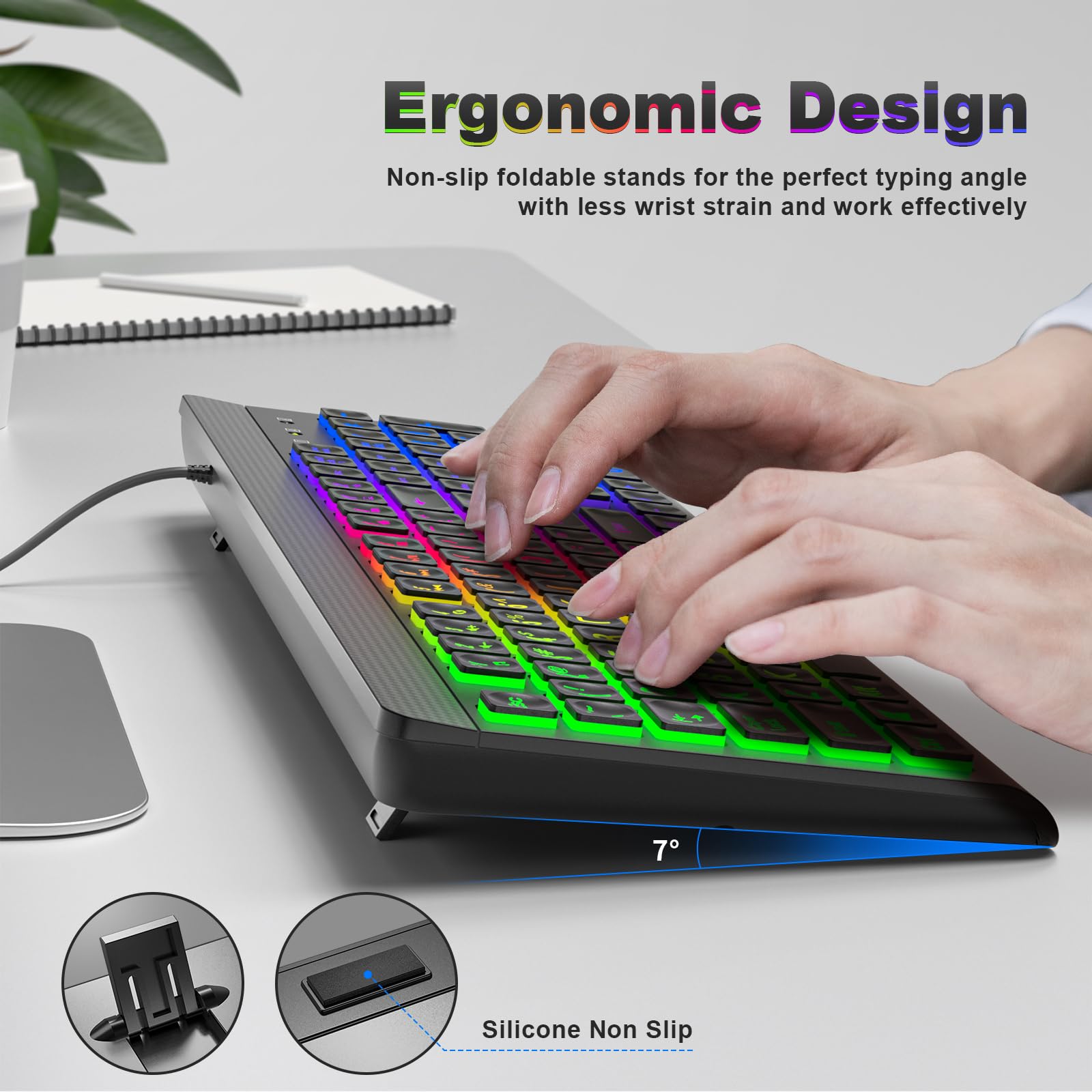 Atelus Large Print Backlit Keyboard, Usb Wired Computer Keyboard, Full Size Keyboard With Rainbow Illuminated Led Compatible For