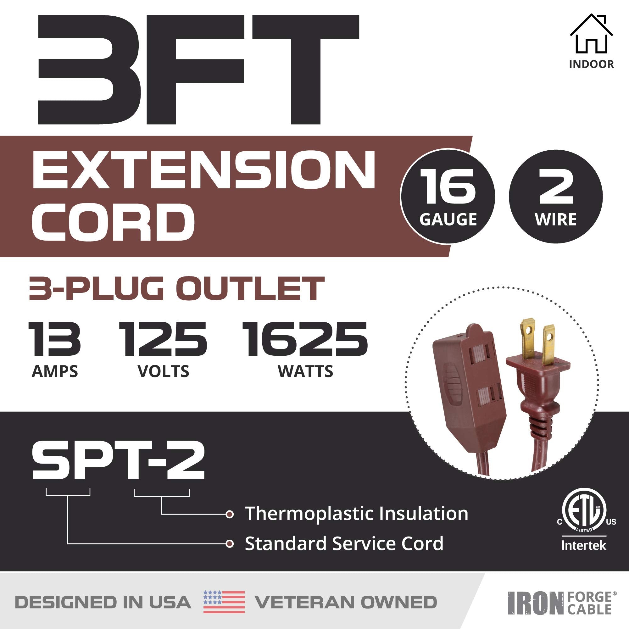 Iron Forge Cable 3 Ft Brown Extension Cord 2 Pack   16/2 Durable Electrical Cable