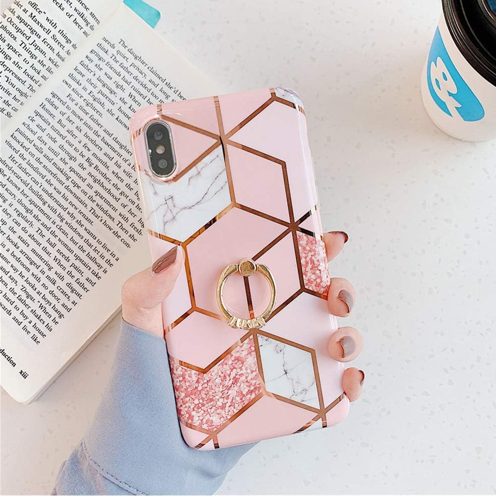 Qokey iPhone Xs Max Case 360 Ring Kickstand Shockproof TPU Bling Pink 6.5 Inch