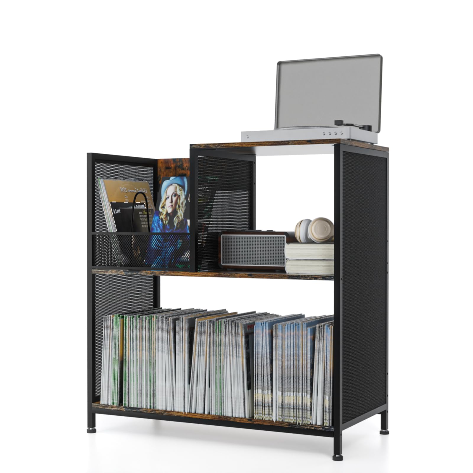 Large Record Player Stand With Vinyl Storage, 3 Tier Vinyl Record Storage For 300 Albums, Wood & Metal Turntable Stand With Cust