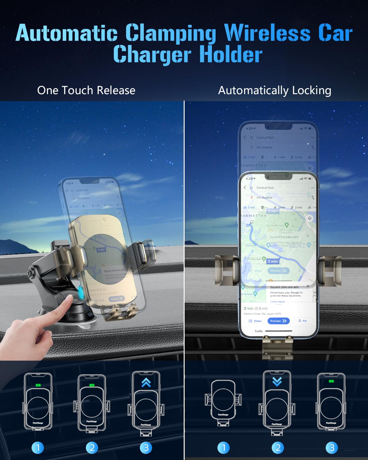 Bothlin Wireless Car Charger, Fast Charging Phone Holder 3 In 1 Phone Mount Auto Clamping Car Accessories Compatible With Iphone