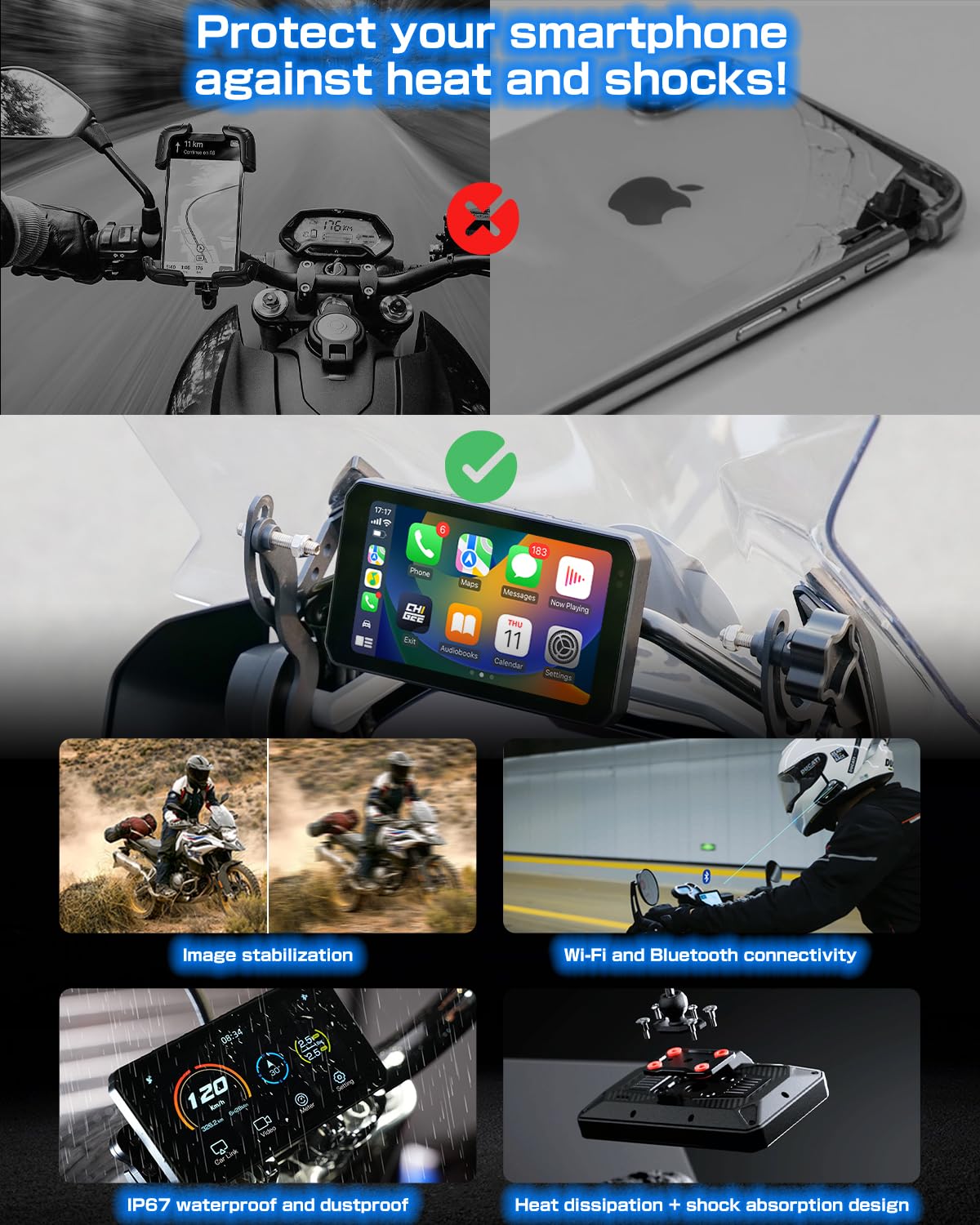 Chigee Aio 5 Lite Motorcycle Carplay Android Auto Gps Navigation System, Bsd, Starvis Hdr 5'' Lcd, 60Fps,5G Wi Fi Bt, Ip67 Water