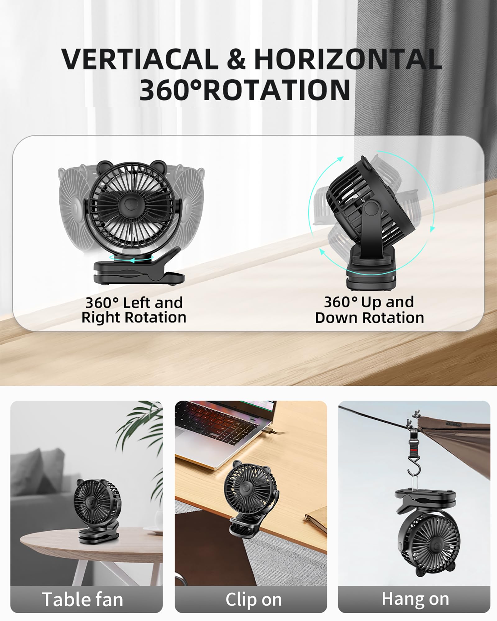 Gototo Clip On Fan, Rechargeable Portable Fan With 2000Mah Battery Operated, Small Fan With Powerful Clip Design, 3 Wind Speed,