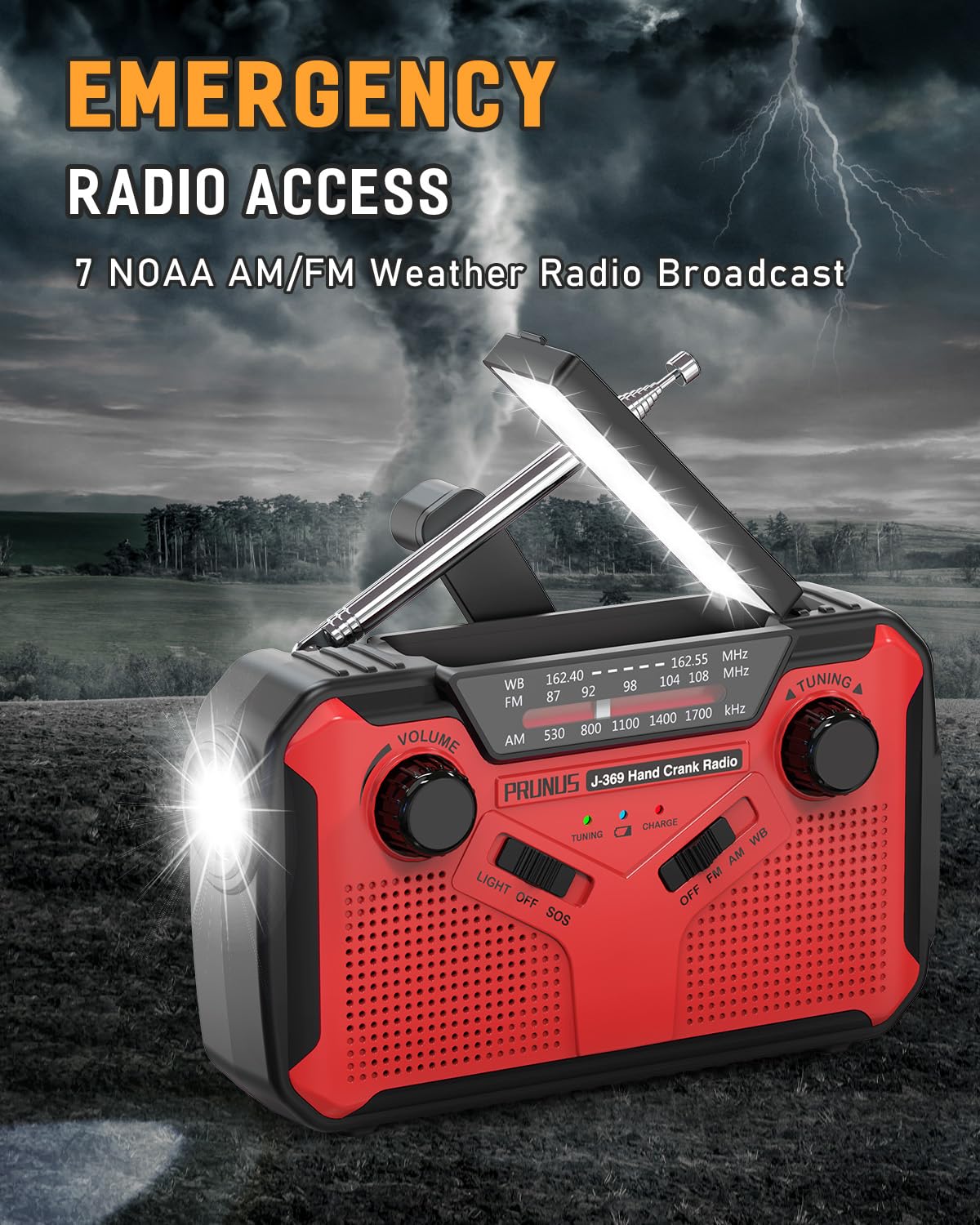 Prunus J 369 11100Mwh Emergency Weather Radio, Aa Batteries/Hand Crank/Solar/Usb Charging, Noaa/Am/Fm, Led Flashlight And Readin