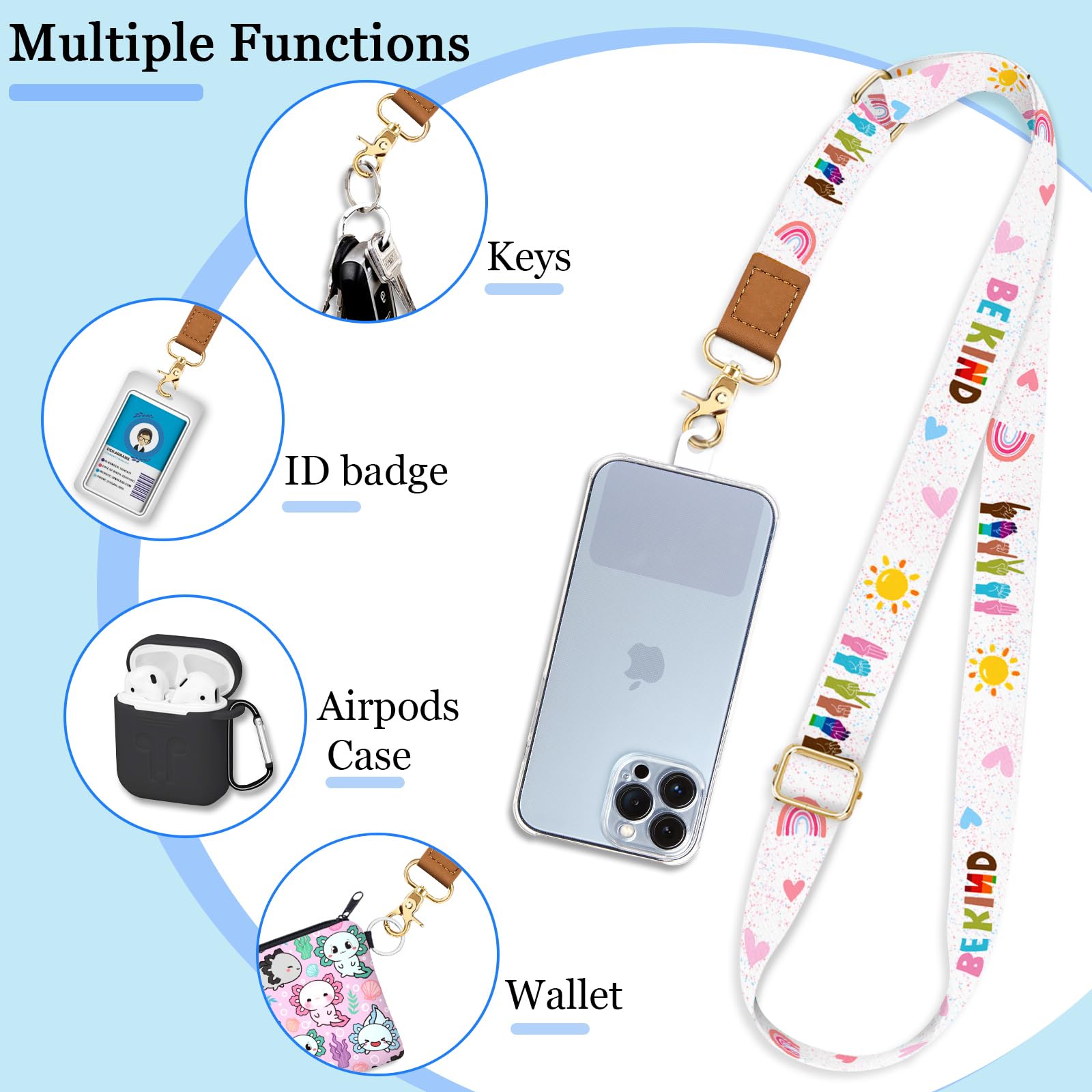 Yonlevres Phone Lanyard Crossbody With Wrist Strap, Be Kind Cell Phone Lanyards For Around The Neck Wristlet Adjustable Phone St