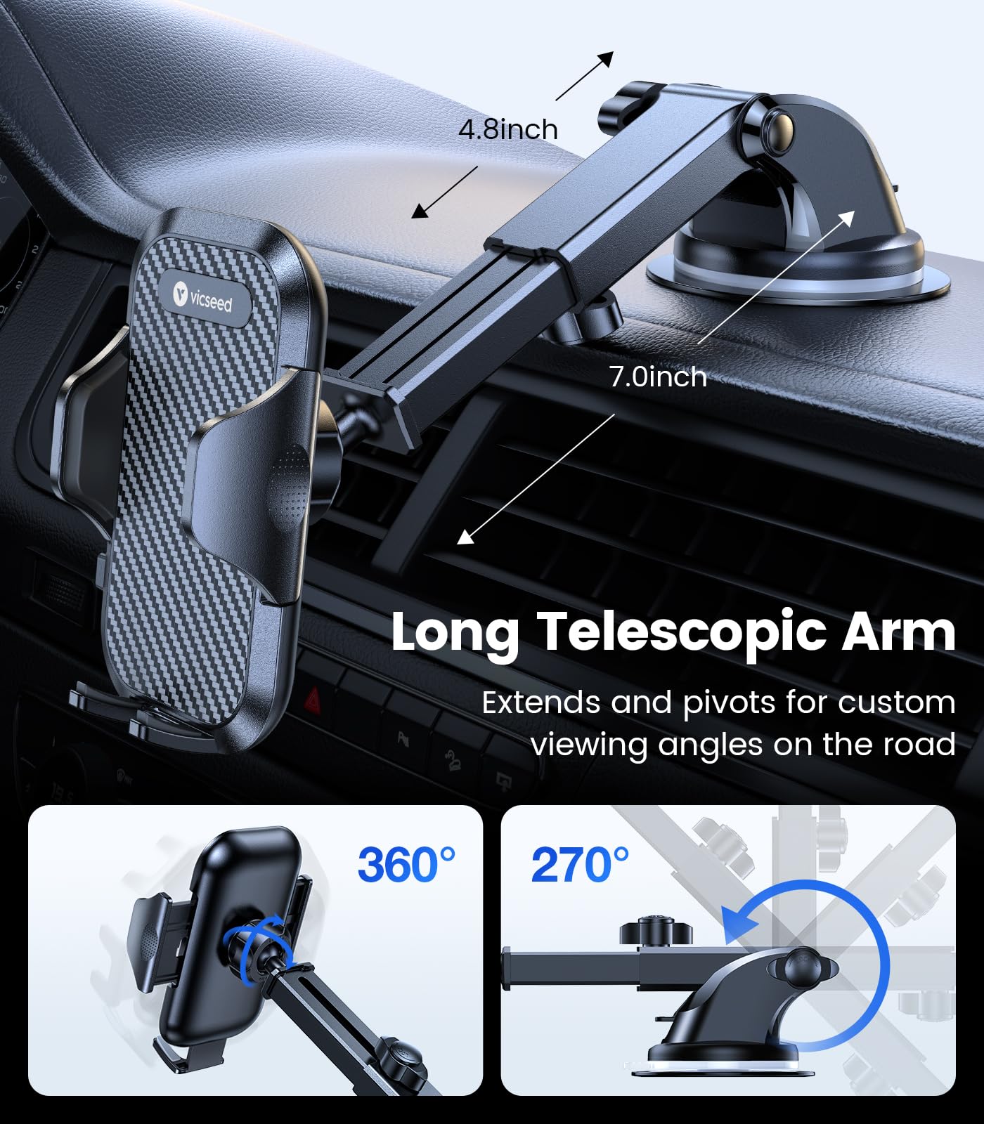 Vicseed Universal Phone Mount For Car [Solid & Durable] Car Phone Holder Mount Dashboard Windshield Air Vent Long Arm Strong Suc