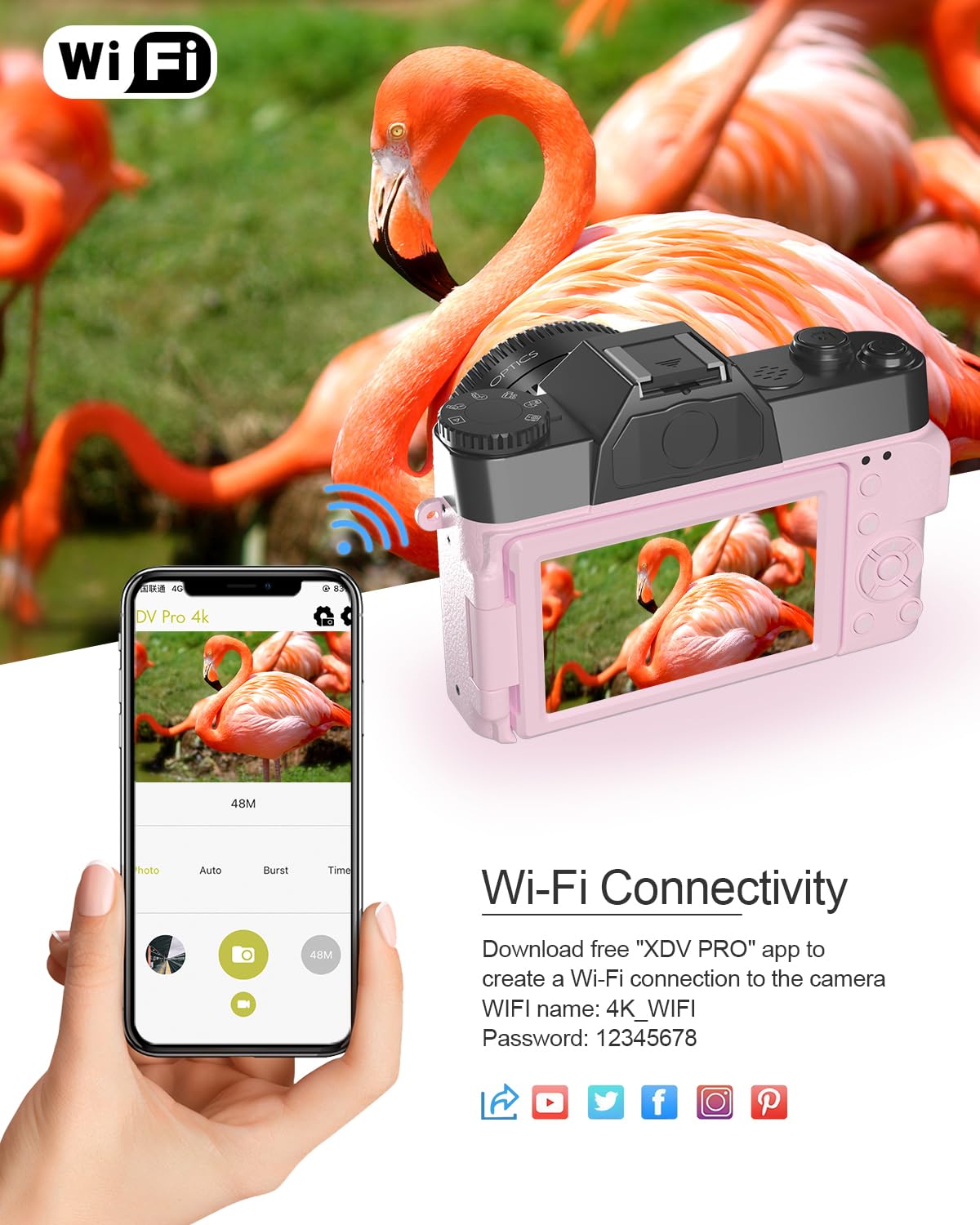 2024 Upgrade Vjianger Digital Camera For Photography 4K 56Mp Vlogging Camera For Youtube With Wifi, 180� Flip Screen, 16X Digital Zoom, 52Mm Lens, 2 Batteries, 32Gb Micro Sd Card(Pink)