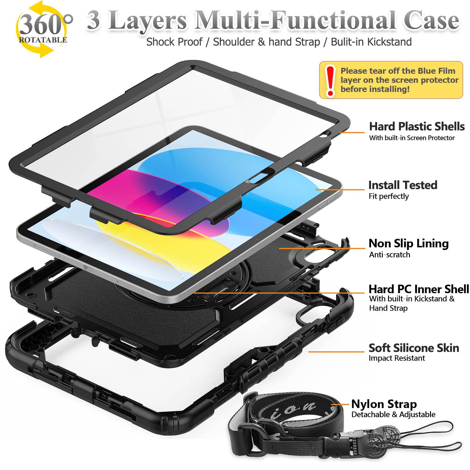 Seymac Stock Case For Ipad 10Th Generation 10.9'', Full Body Drop Protection Case With Screen Protector &360 Rotate Hand Strap/S