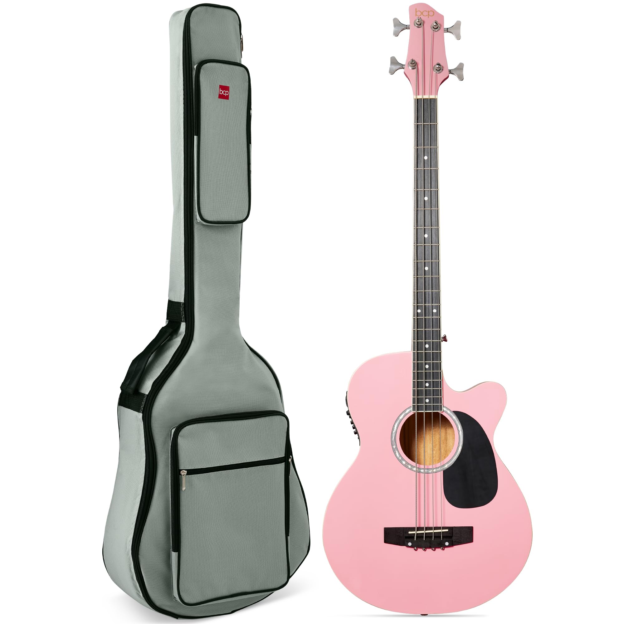 Best Choice Products Acoustic Electric Bass Guitar, Full Size 4 String, Fretted Bass Guitar W/Padded Gig Bag   Pink