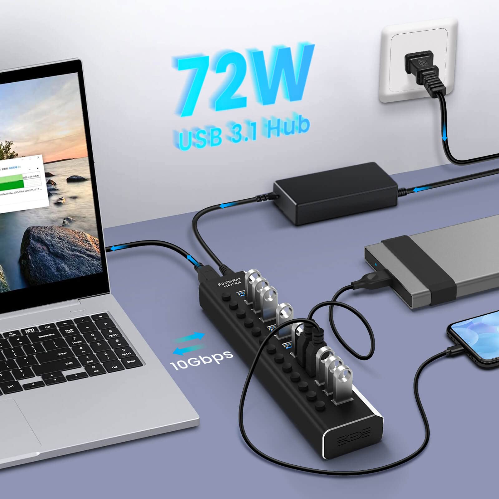 Powered Usb Hub Rosonway Aluminum 13 Port Usb 3.1/3.2 Gen 2 Hub 10Gbps With 72W (12V/6A) Power Adapter And Individual Switches,