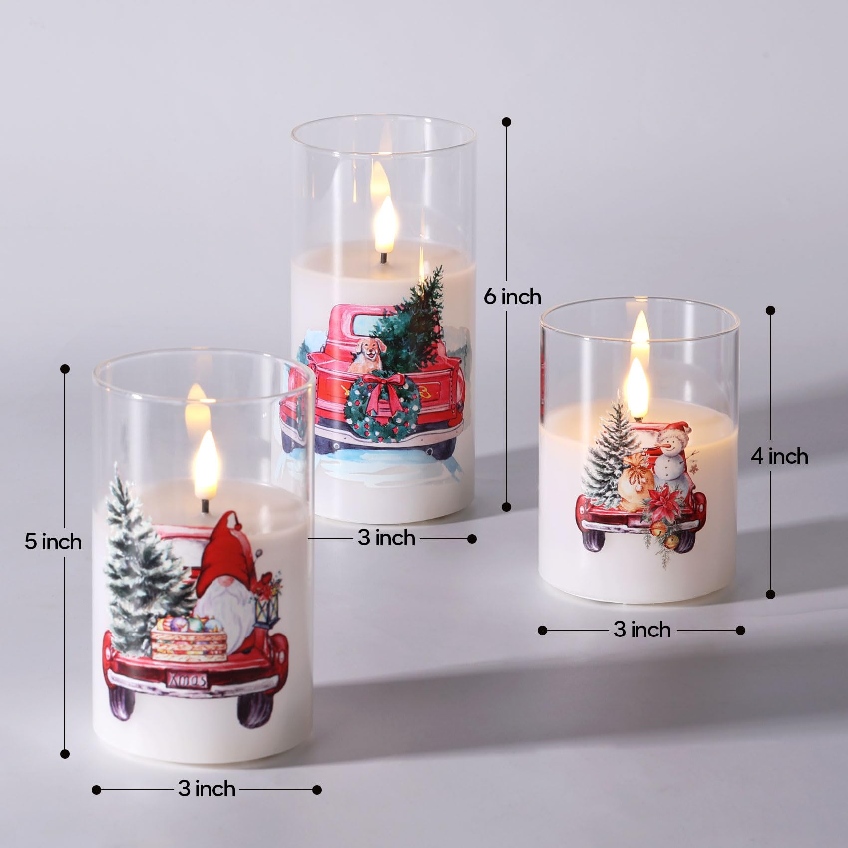 Eywamage Glass Christmas Flameless Candles With Remote, Red Truck Tree Battery Operated Led Pillar Candles Set Of 3
