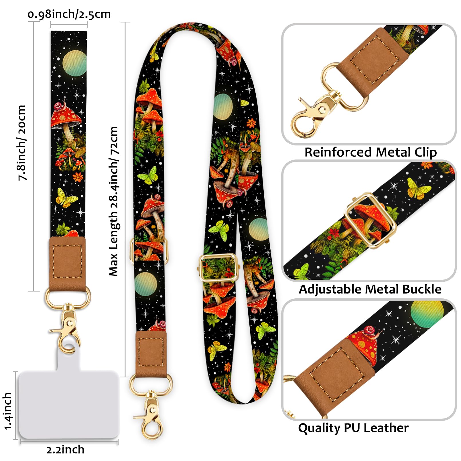 Yonlevres Cell Phone Lanyard Crossbody With Wrist Strap, Mushroom Butterfly Phone Lanyards For Around The Neck Wristlet Adjustab