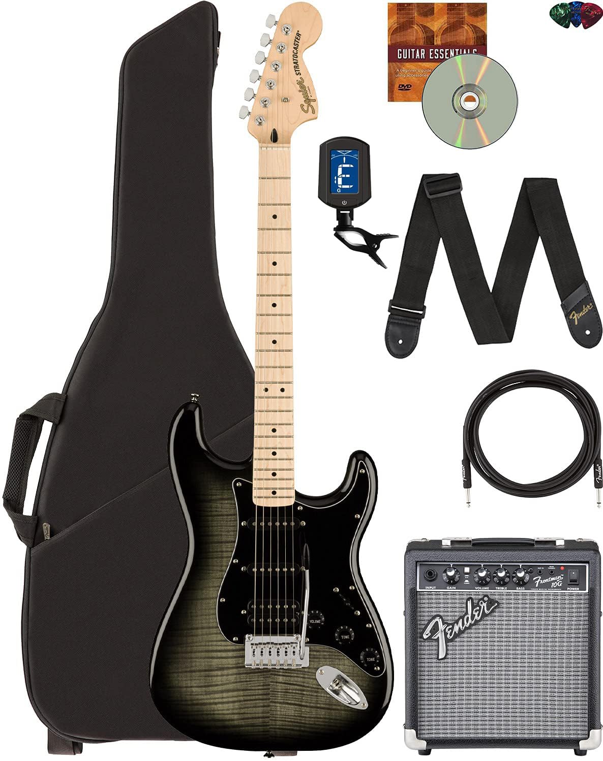 Fender Squier Affinity Stratocaster FMT HSS - Black Burst Bundle with Frontman 10G Amplifier, Gig Bag, Tuner, Instrument Cable, 