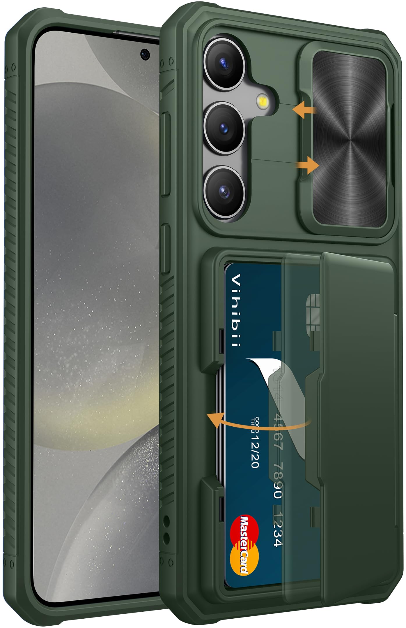 Vihibii For Samsung Galaxy S24 Plus Case With Card Holder (4 Cards) & Slide Lens Cover & Kickstand & Raised Edges Protect Screen