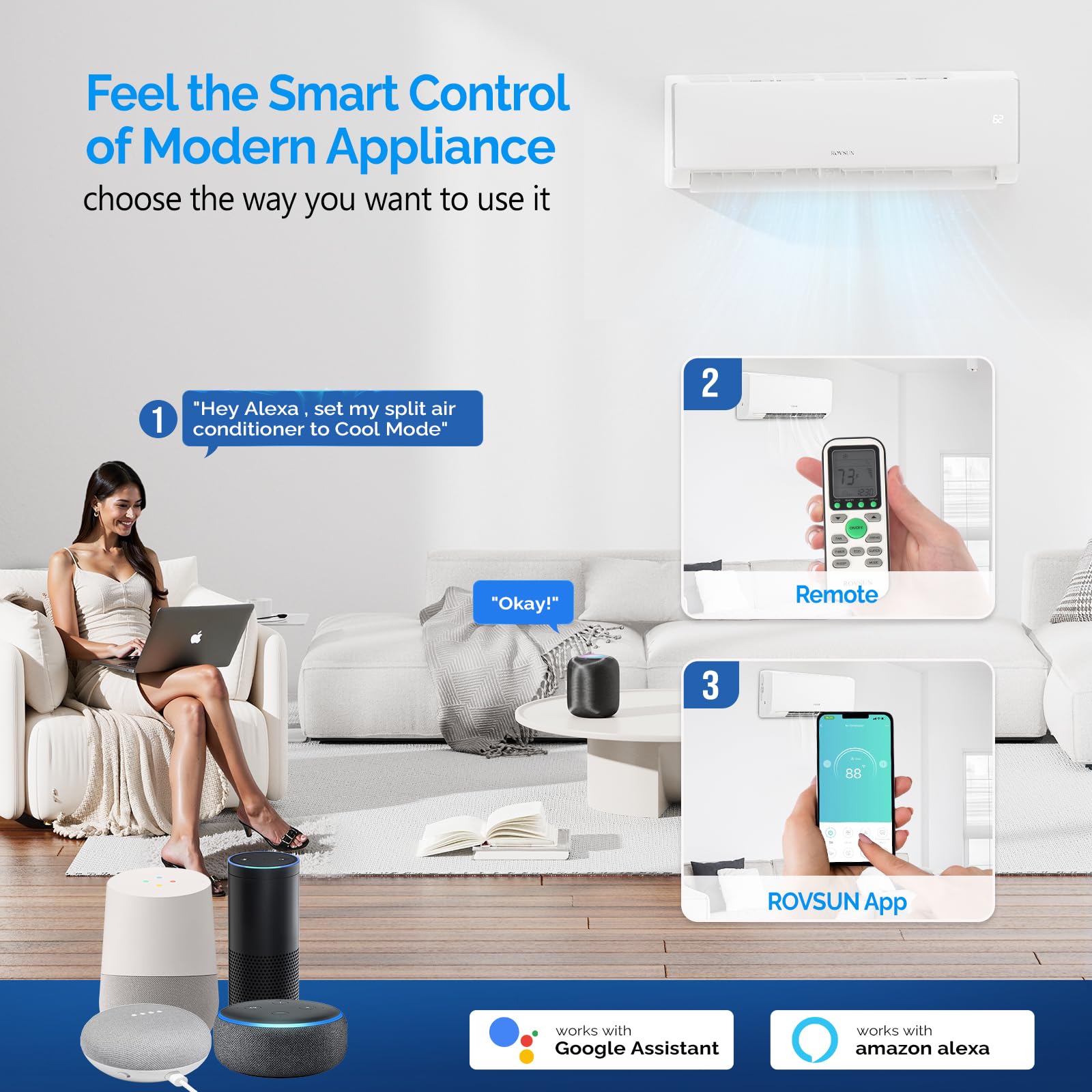 Rovsun 16500 Btu Wifi Enabled Mini Split Air Conditioner & Heater, 17 Seer2 230V Inverter Ductless Wall Ac Unit With Pre Charged