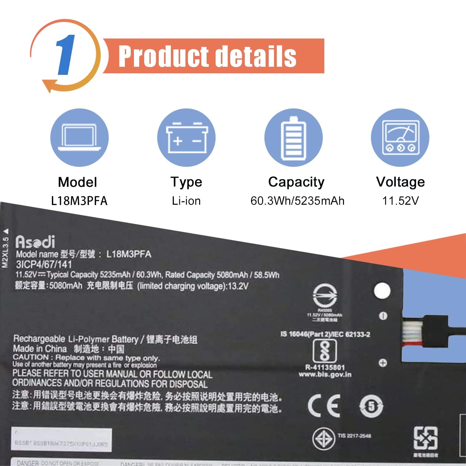 Asodi L18M3Pfa L18D3Pf2 Laptop Battery Compatible With Lenovo Yoga C740 15Iml Series L18D3Pf2 3Icp4/67/141 11.52V 60.3Wh 5235Mah