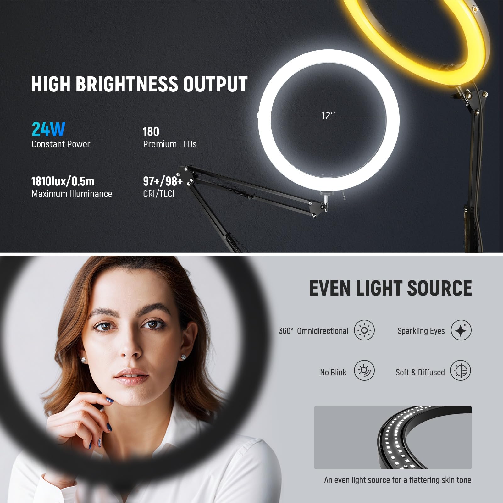 Neewer 12 24W High Power Led Ring Light Compatible With Iphone, 60 Overhead Folding Light Stand/Phone Holder Mount For Video Rec