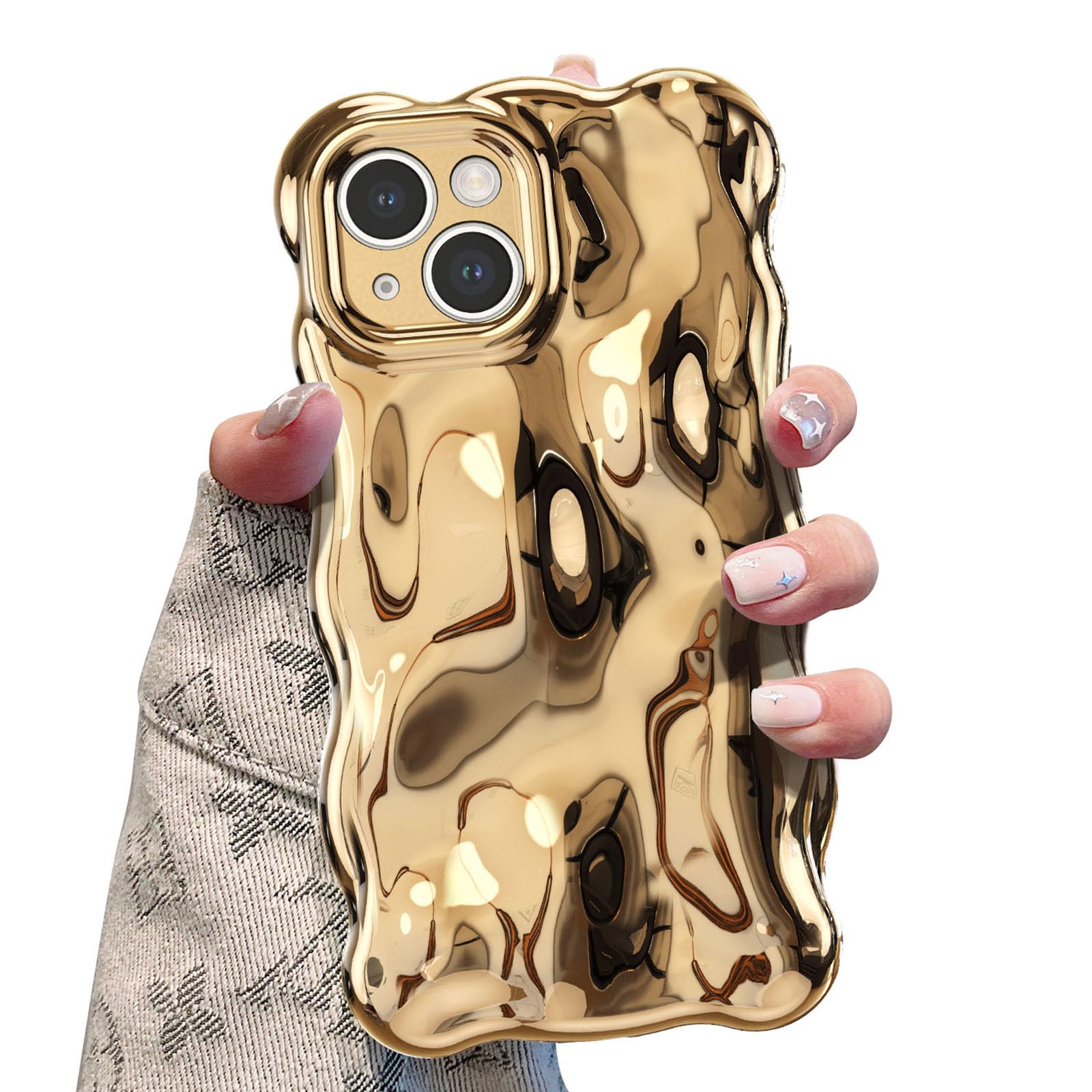 UEEBAI Ripple Case for iPhone 15, Cute Silver Cover Wave Shape for iPhone Case Pretty Aesthetic 3D Phone Cover, Water Ripple She