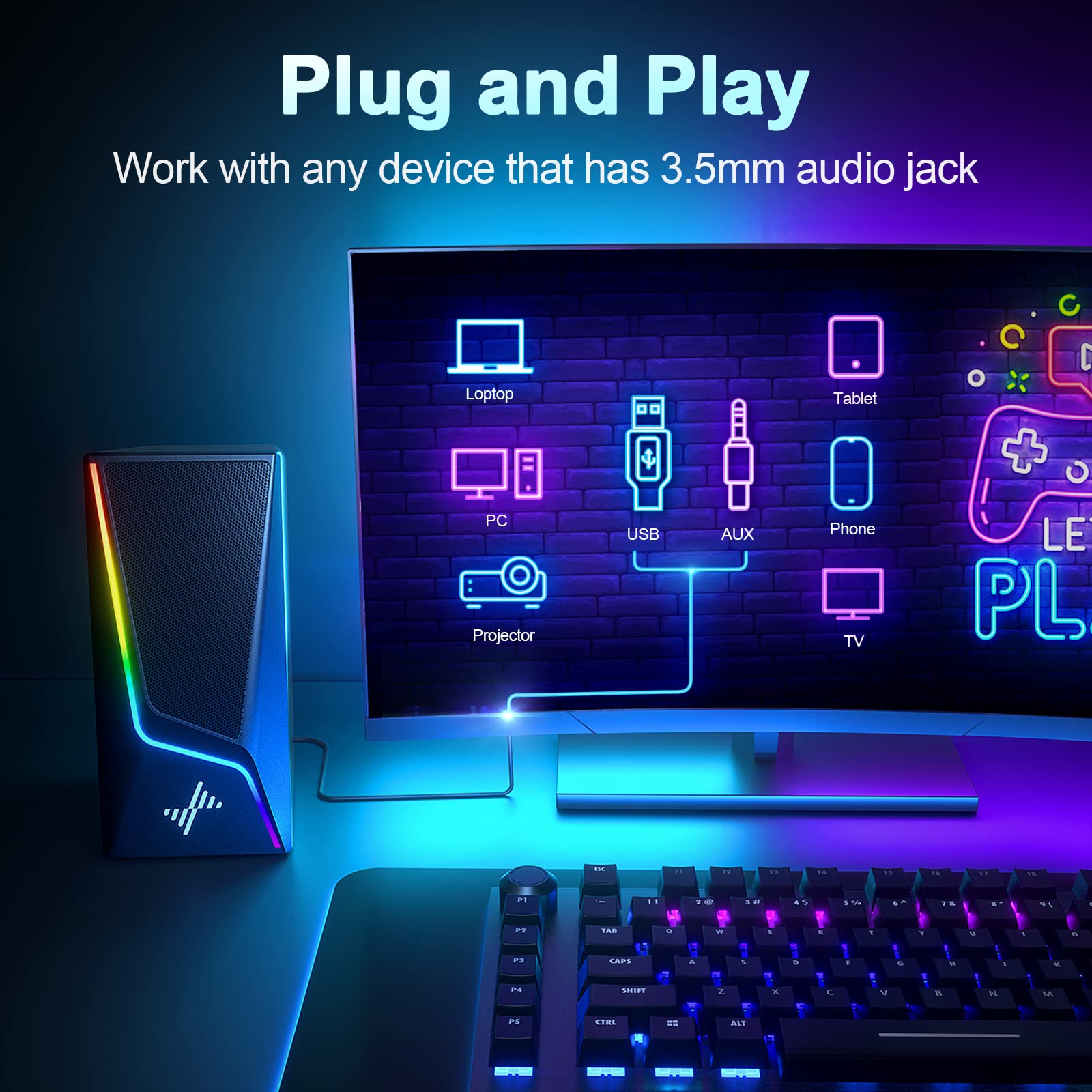 Computer Speakers, Pc Speakers With 6 Lighting Modes, Usb Powered Computer Speakers For Desktop Monitor With 2 Bass Boost Ports,