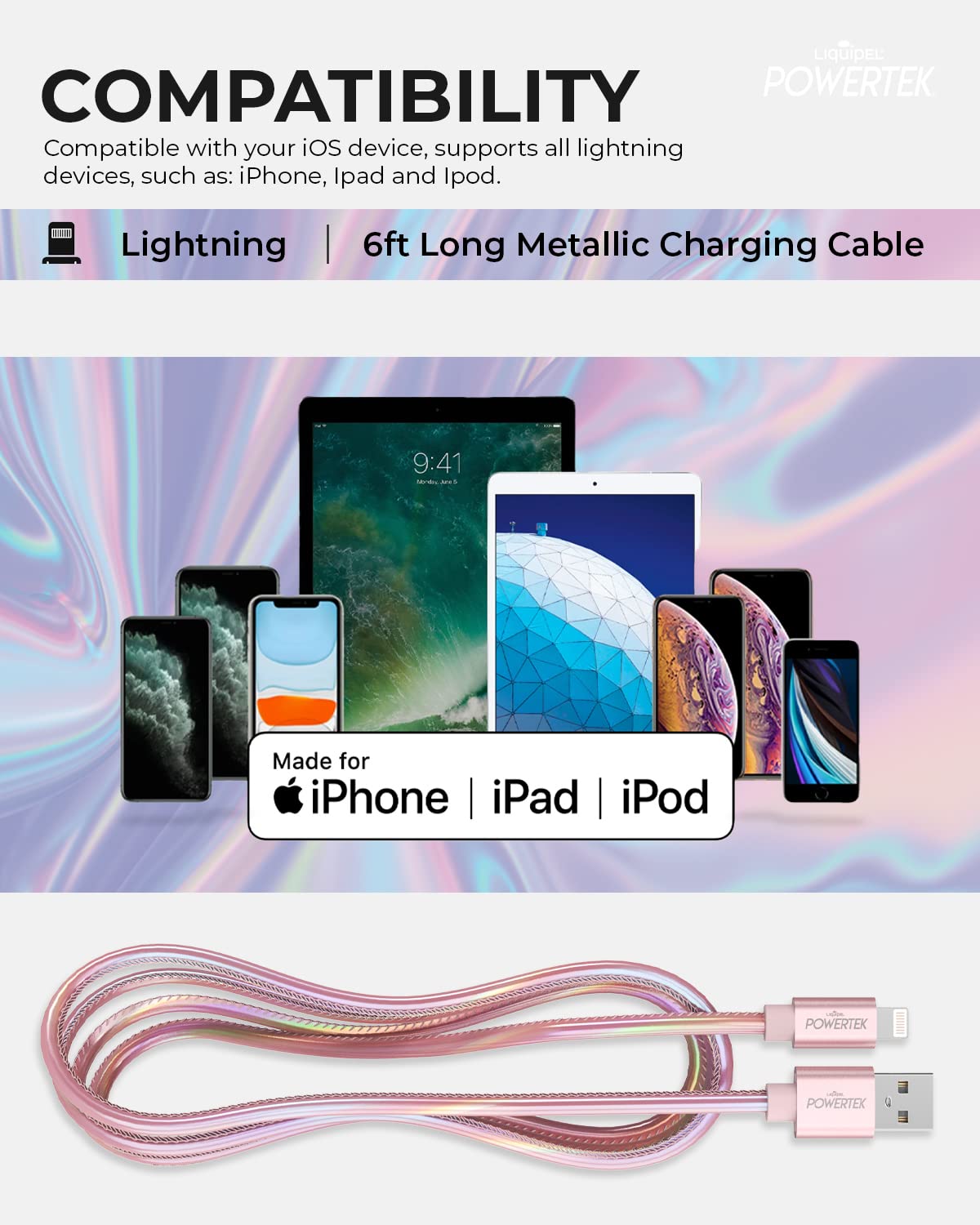 Liquipel Powertek Iphone Charger Cable, 6 Ft Fast Charging Lightning To Usb Cord Adapter, Compatible For Ipad, Mfi Certified, Metallic Shine (Light Pink)