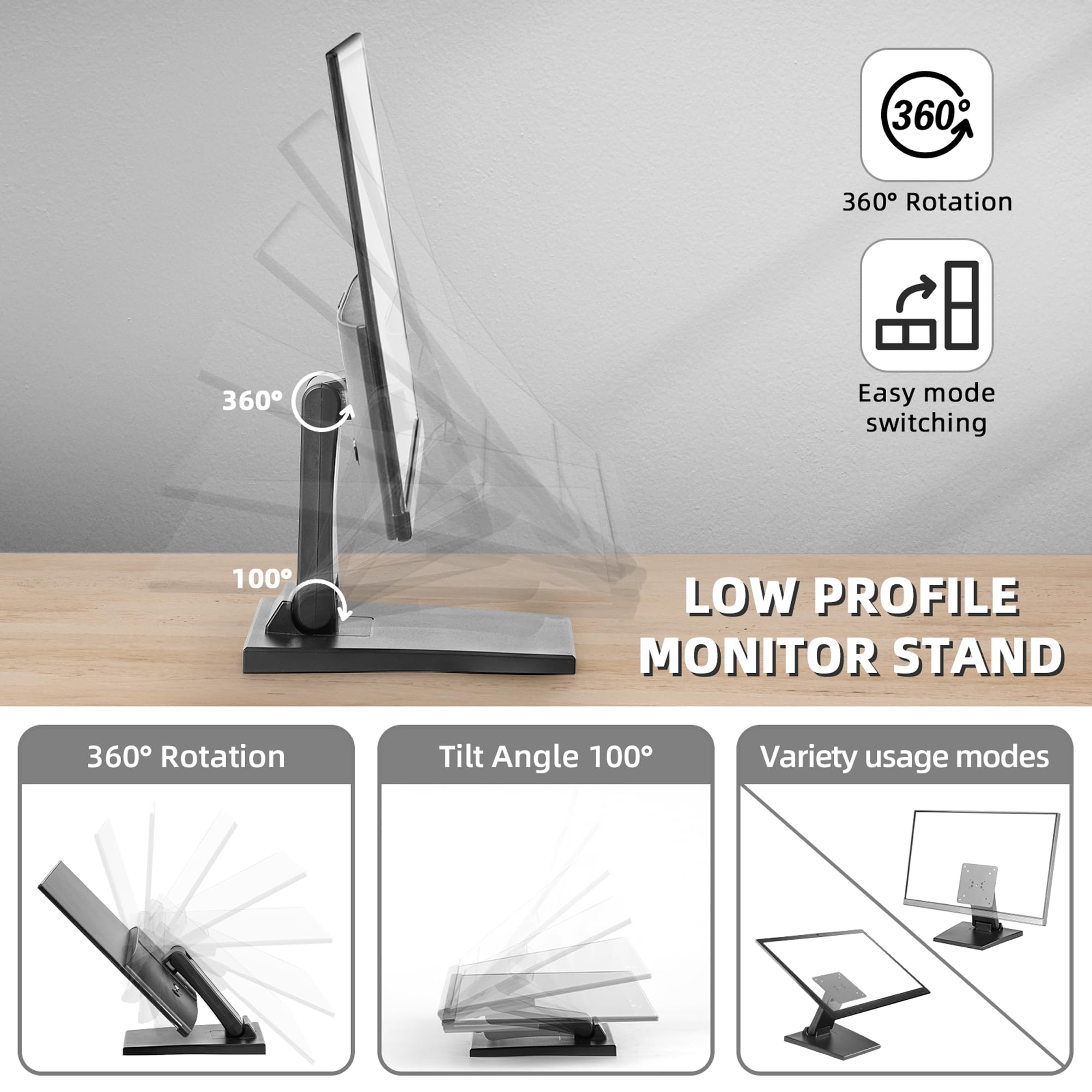 WEARSON Lay Flat Monitor Stand   Foldable Low Profile Monitor Stands Compatible with VESA 75x75 and 100x100 Monitor Mounts WS 03A2